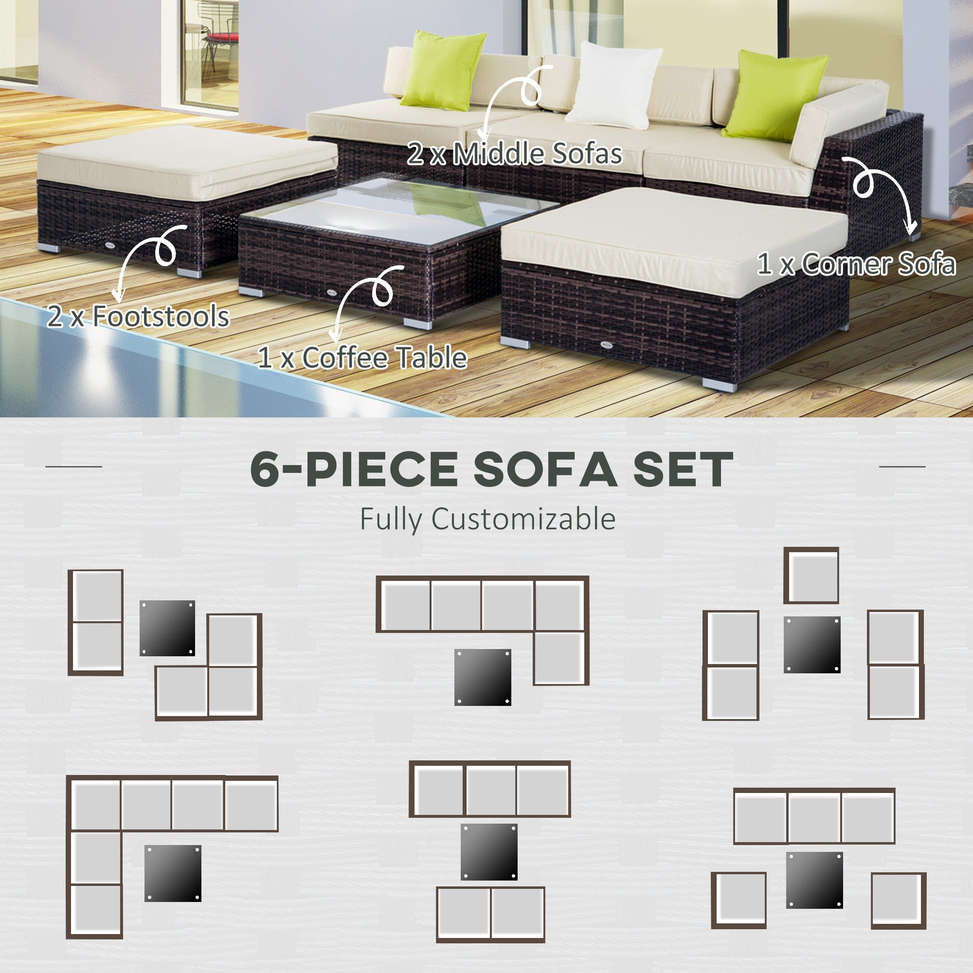 Outsunny 6 PC Rattan Sofa Coffee Table Set, Sectional Wicker Weave Furniture for Garden Outdoor Conservatory with Pillow Cushion, Brown