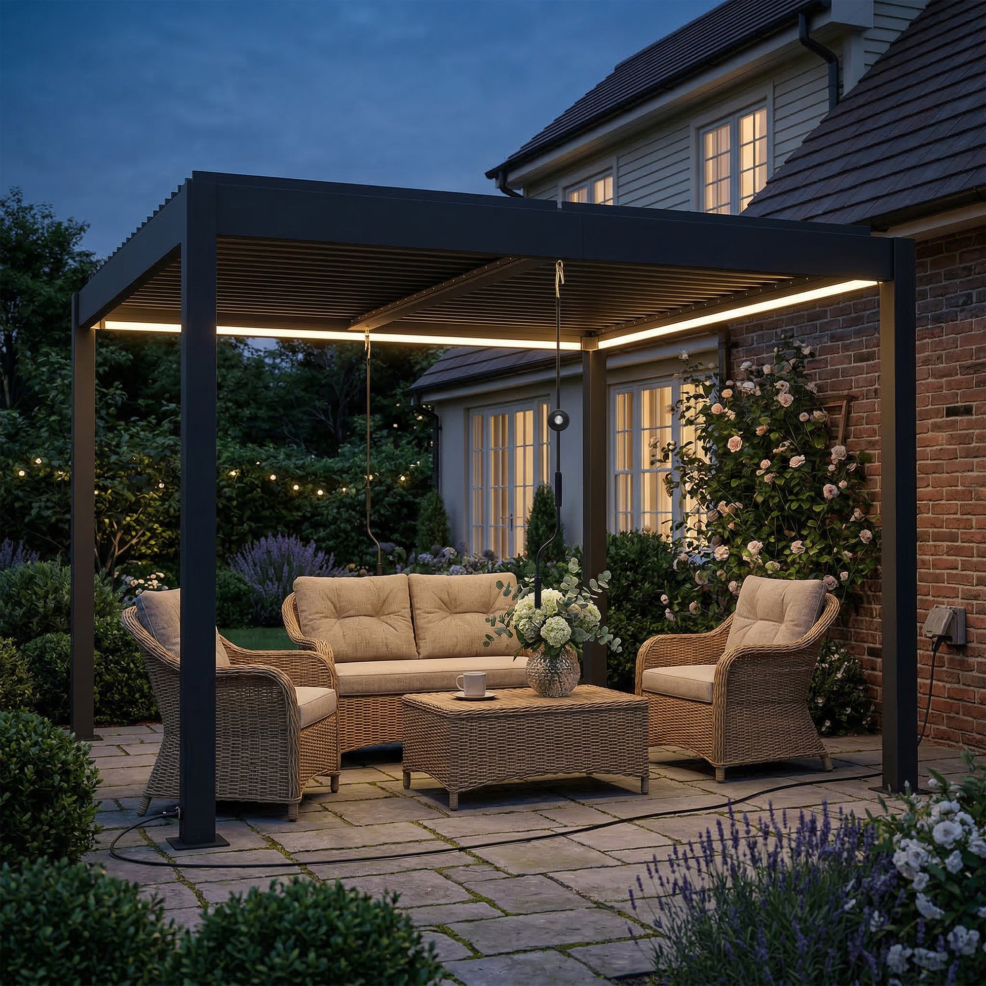 3 x 3 m Louvered Pergola with LED Lights, Metal Louvres, Aluminium Patio Gazebo Pergola, Dark Grey
