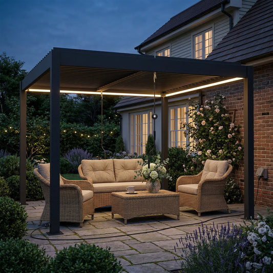 3 x 3 m Louvered Pergola with LED Lights, Metal Louvres, Aluminium Patio Gazebo Pergola, Dark Grey