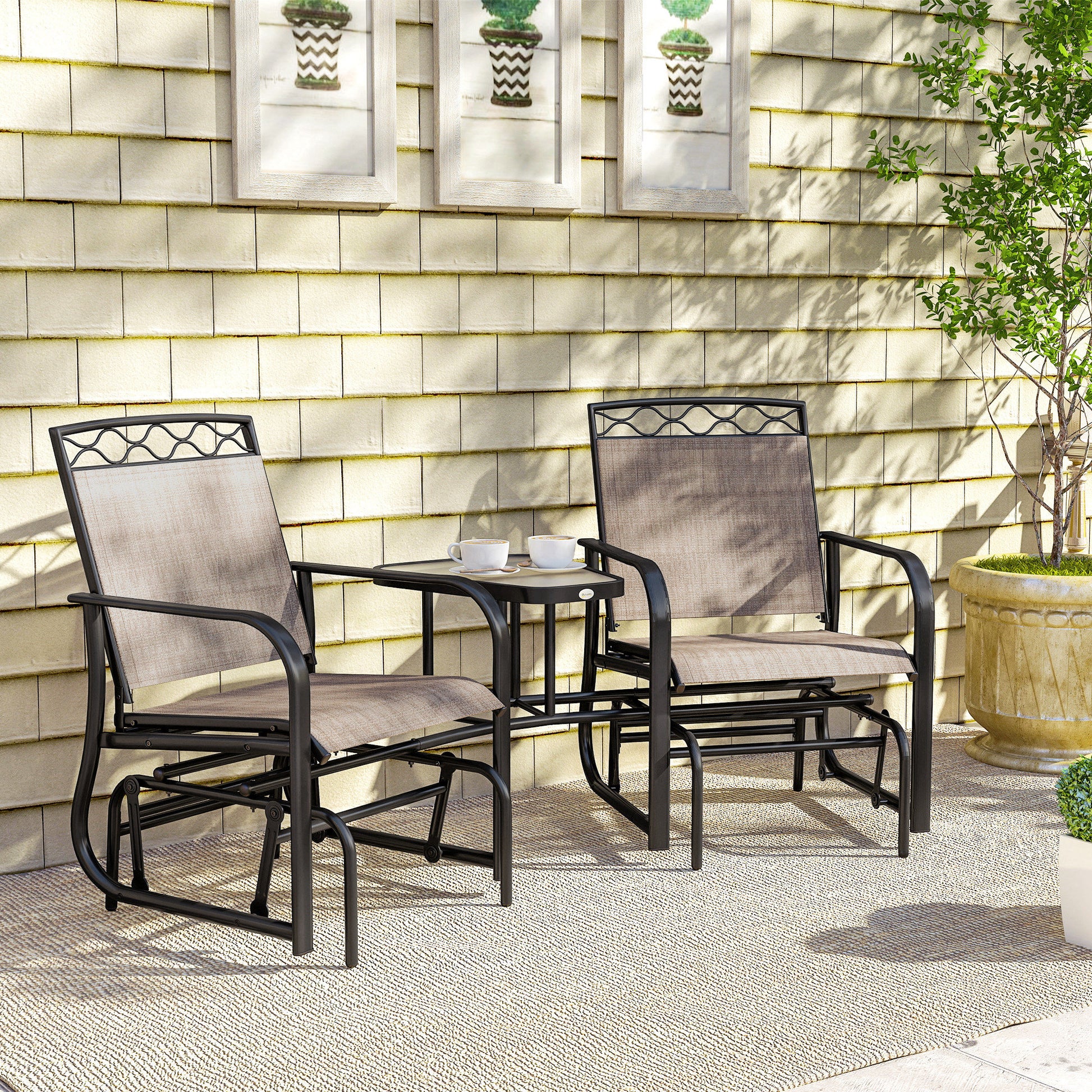 Outsunny Double Outdoor Glider Chair, 2 Seater Patio Rocking Chairs, Swing Bench with Tempered Glass Table, Breathable Mesh Fabric for Backyard, Garden, Porch, Brown