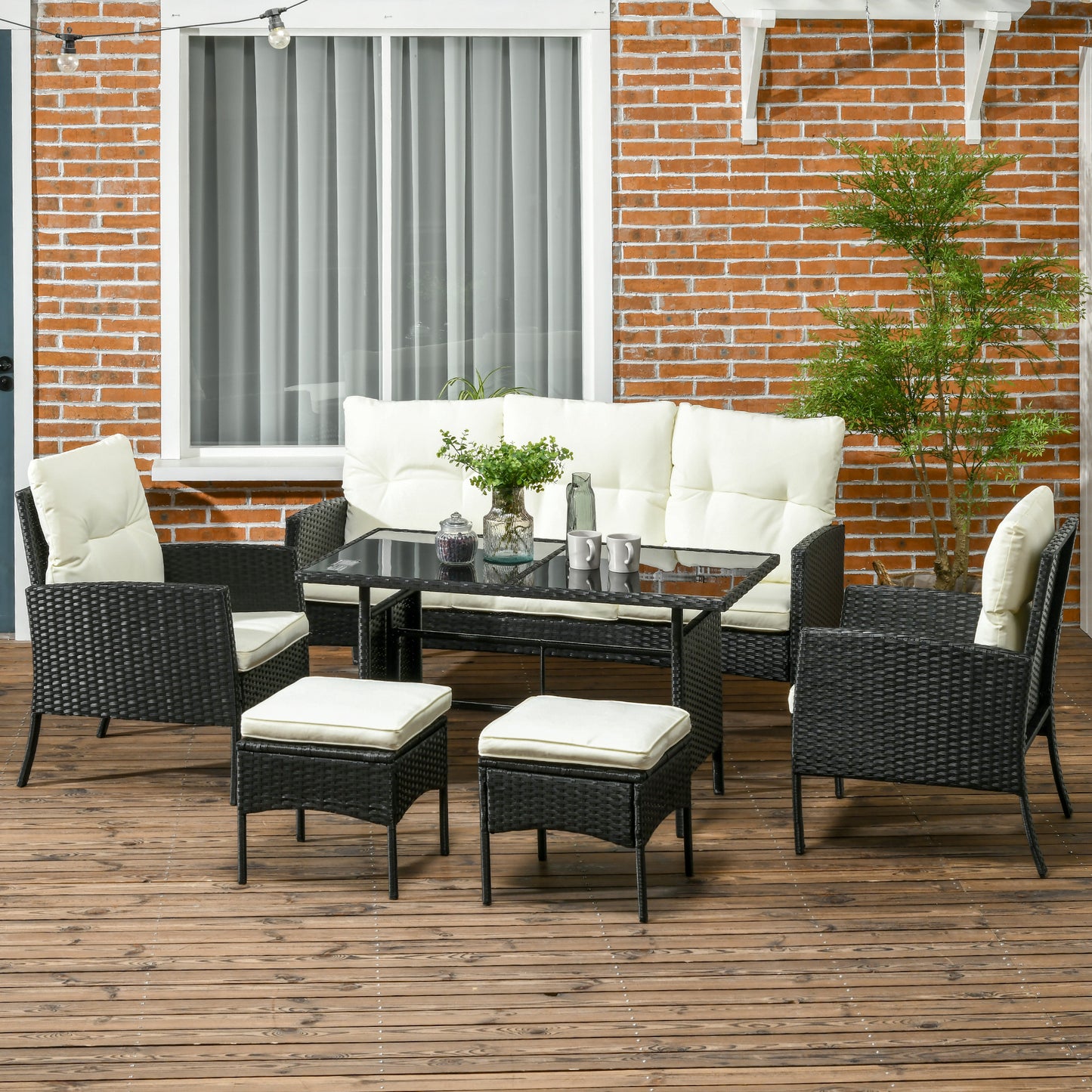 Capri 7 Seater Rattan Garden Furniture Set, 6 Piece Garden Dining Set, Armchairs, 3-Seater Sofa, Footstools