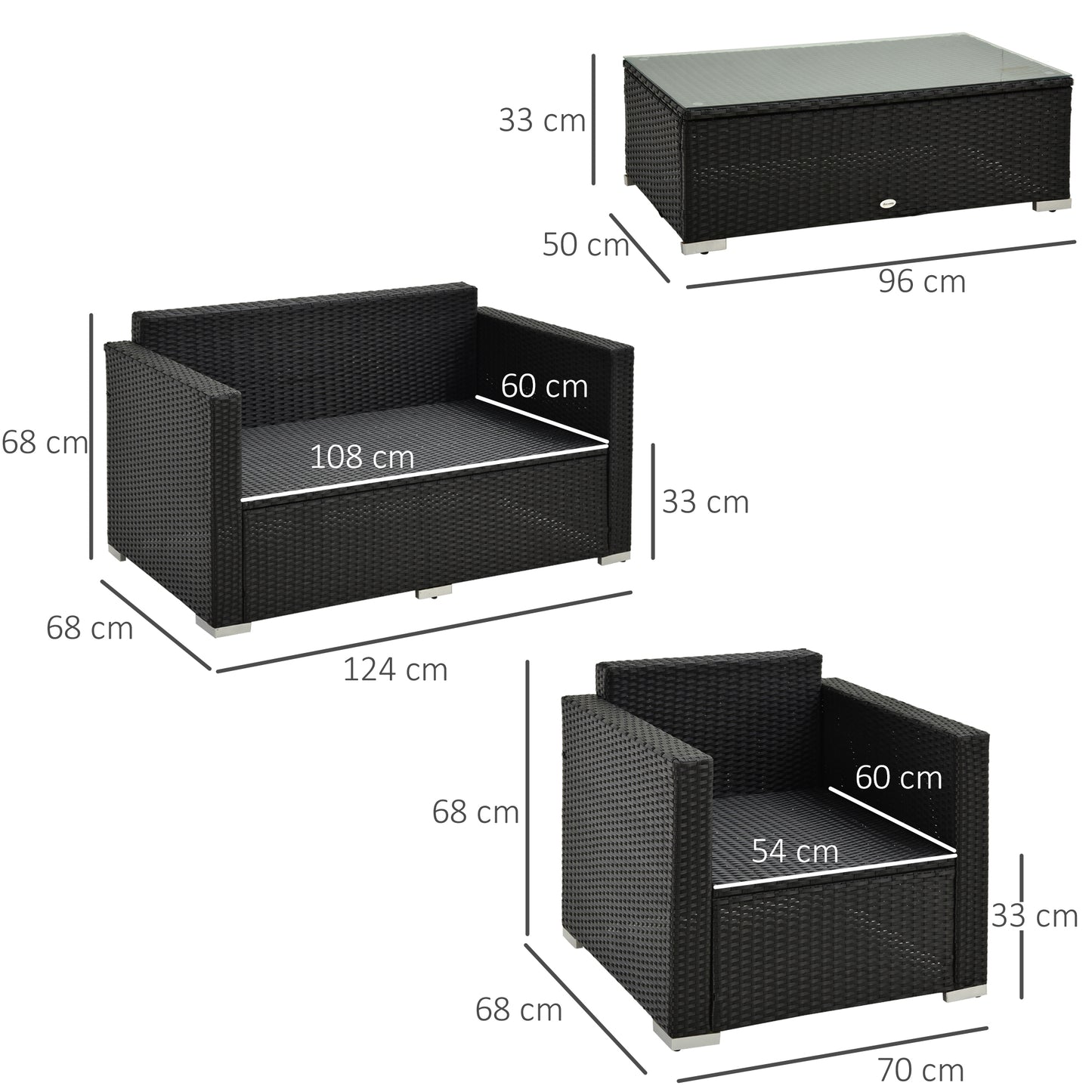 Outsunny 4-Seater Rattan Sofa Set Garden Rattan Furniture Wicker Steel Chair Seat Furniture, Black