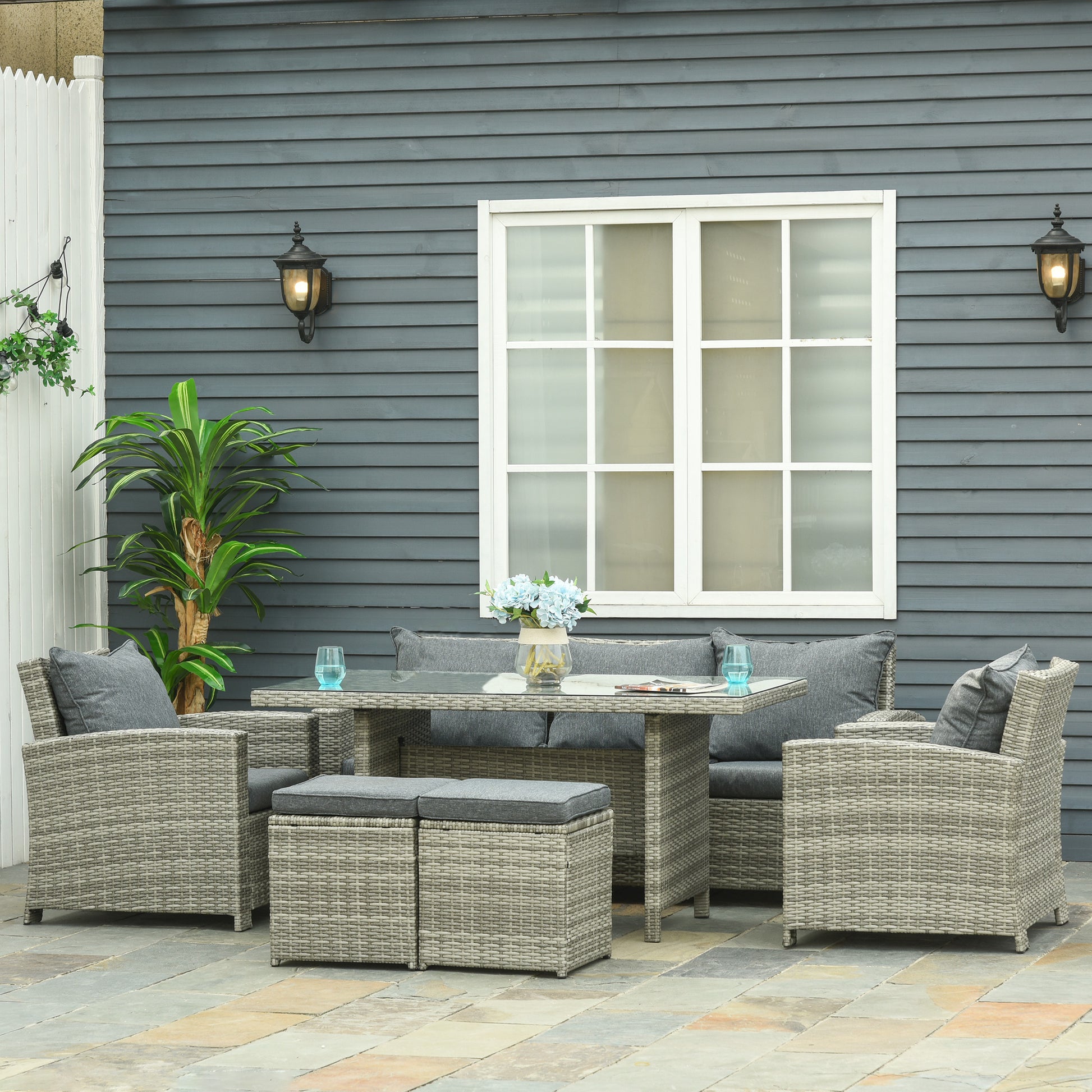 Ibiza 6-Piece Wicker Rattan Garden Set, Aluminium Patio Wicker Dining Sets with Glass Top Table & Soft Cushion