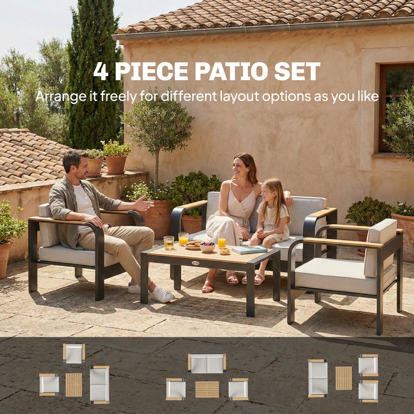 Outsunny 4 Seater Aluminium Garden Furniture Set with Olefin Cushions, Garden Sofa Set, Beige