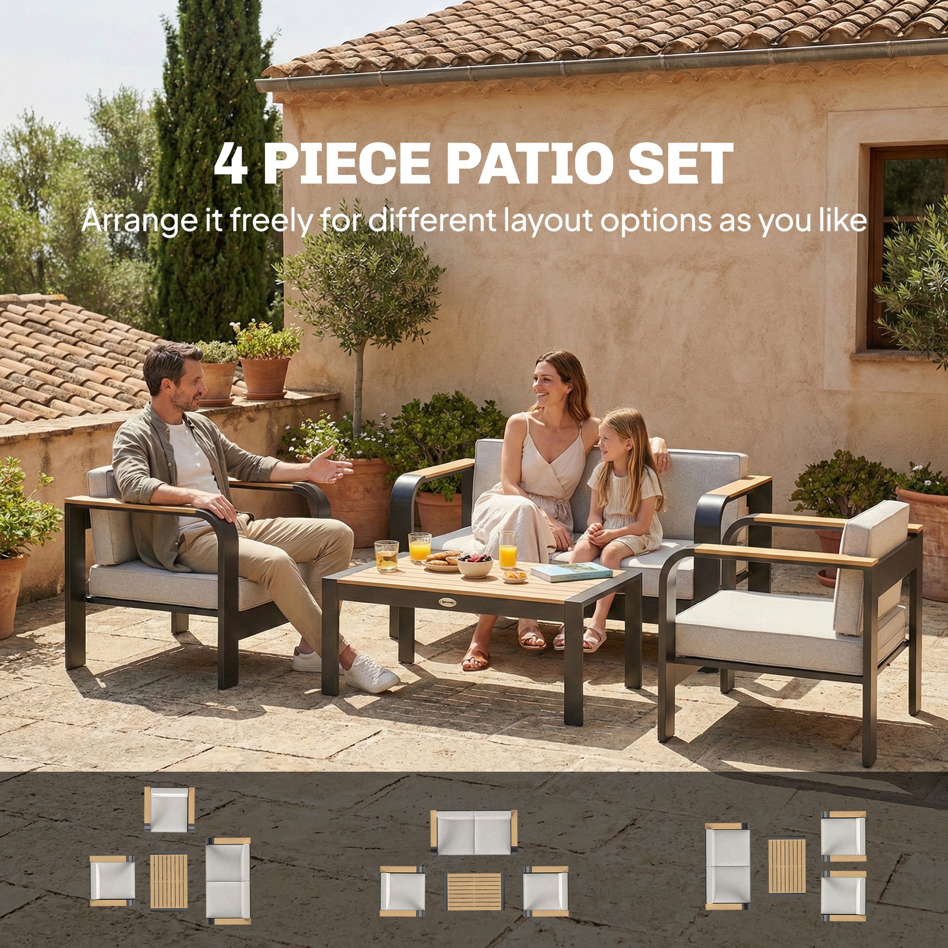 Outsunny 4 Seater Aluminium Garden Furniture Set with Olefin Cushions, Garden Sofa Set, Beige