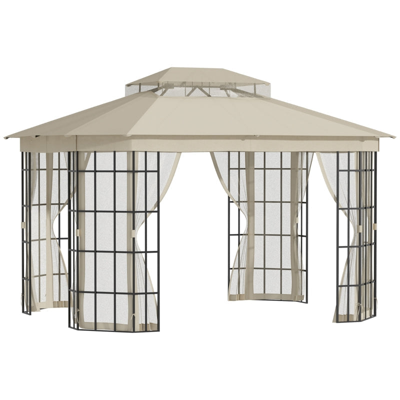 3.65m x 3m Round Hardtop Garden Gazebo with Mesh Netting & Double-Tier Roof