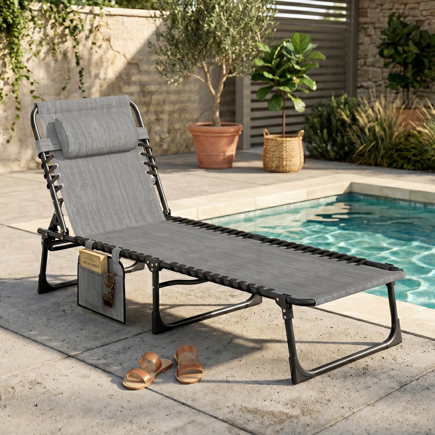 Portable Sun Lounger, Folding Camping Bed Cot, Reclining Lounge Chair 5-position Adjustable Backrest with Side Pocket, Pillow for Patio Garden