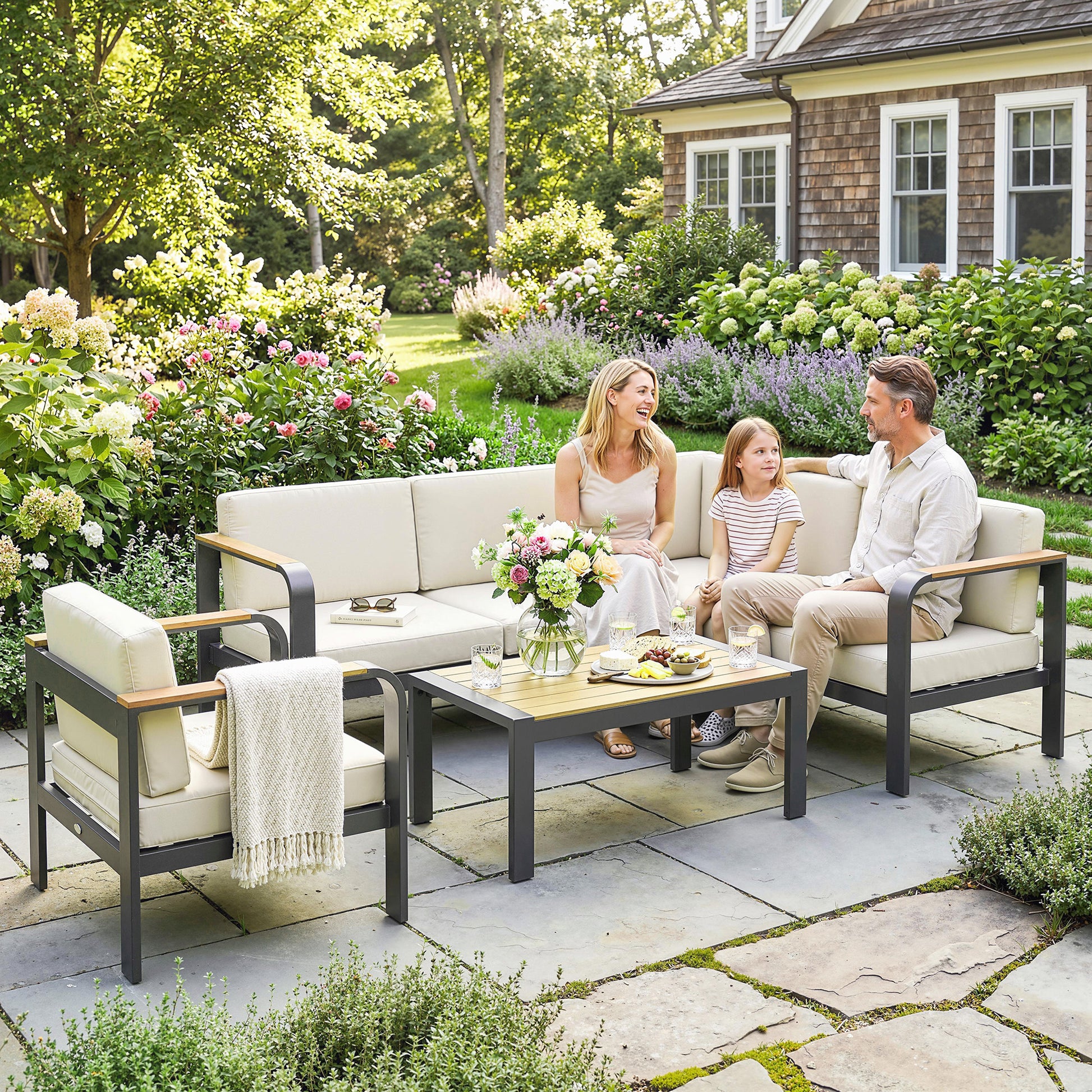 Portofino 3 Piece Garden Furniture Set with L-Shaped Sofa, Armchair and Coffee Table