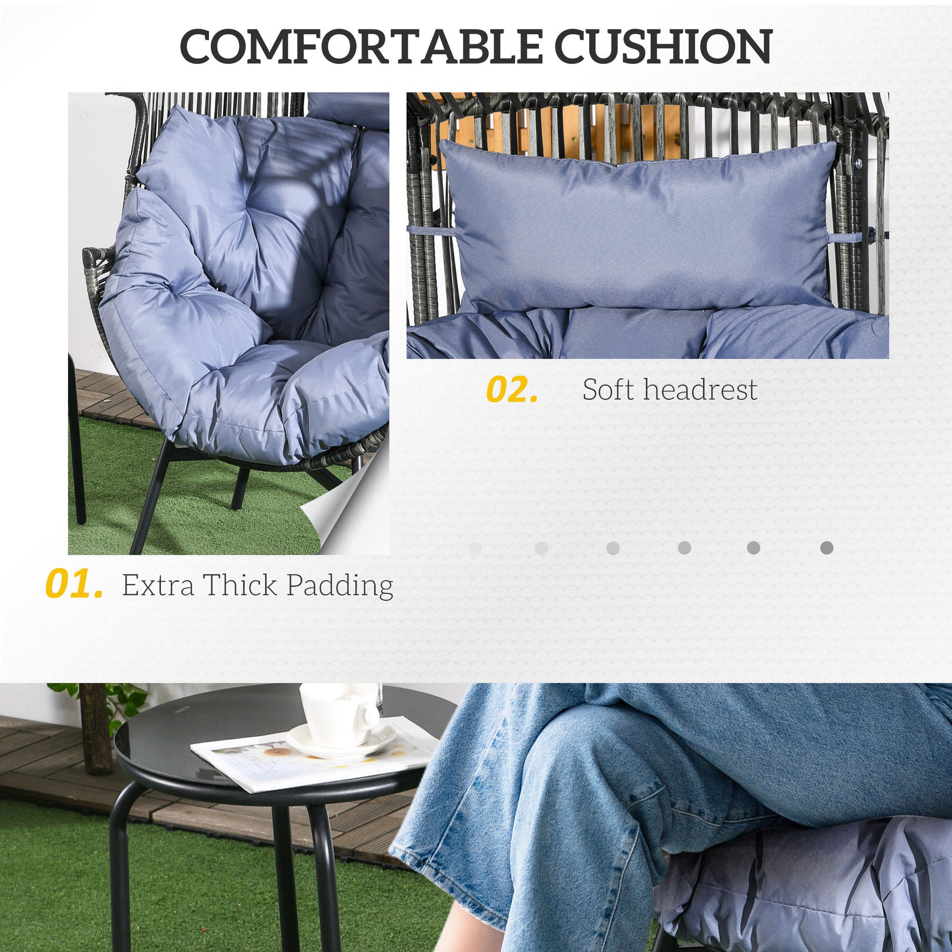 Outsunny String Rattan Egg Chair with 2,000 Hours UV Resistance and 14cm Thick Seat Cushion - Grey/Black