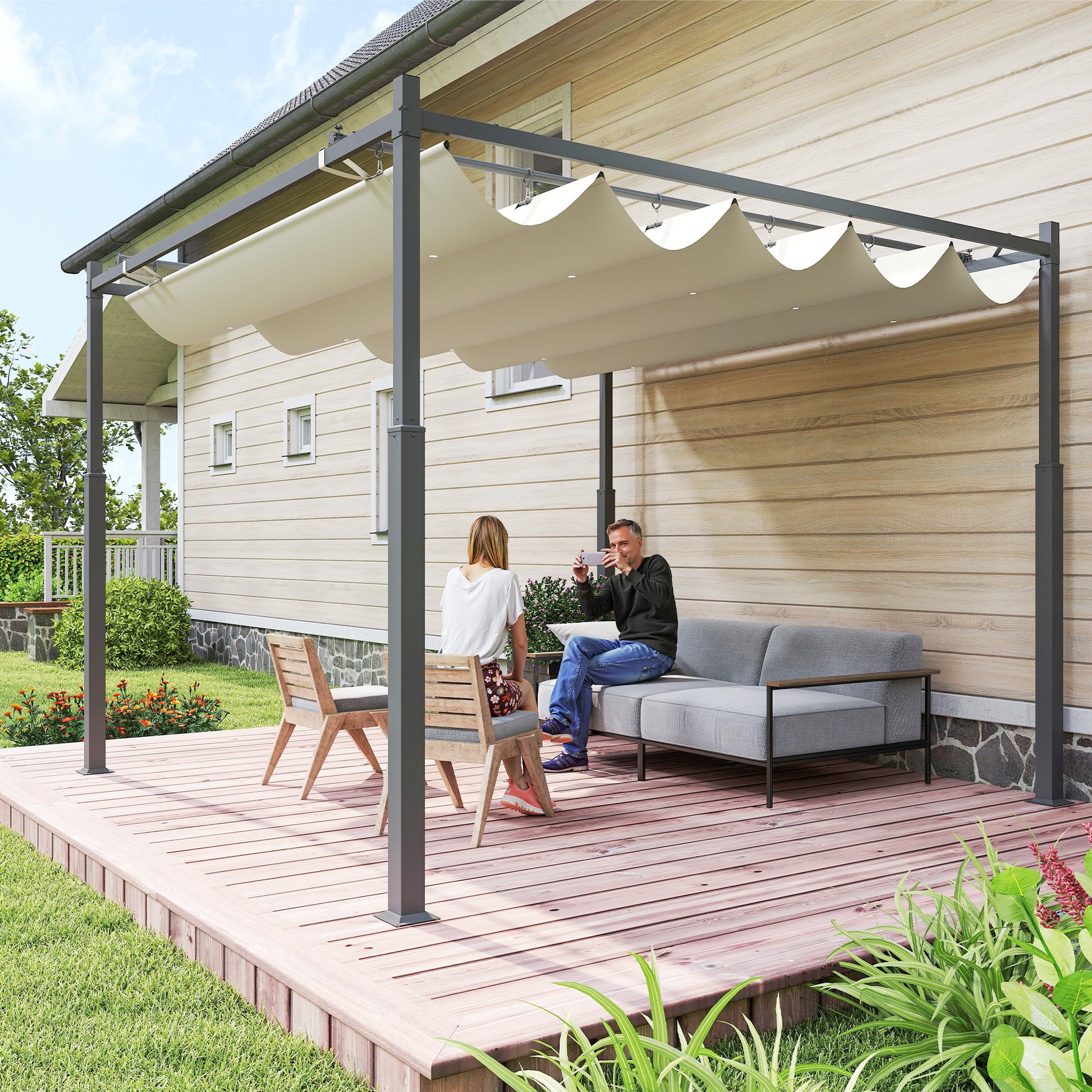 3 x 3(m) Metal Pergola with Retractable Roof and Magnetic Fixture