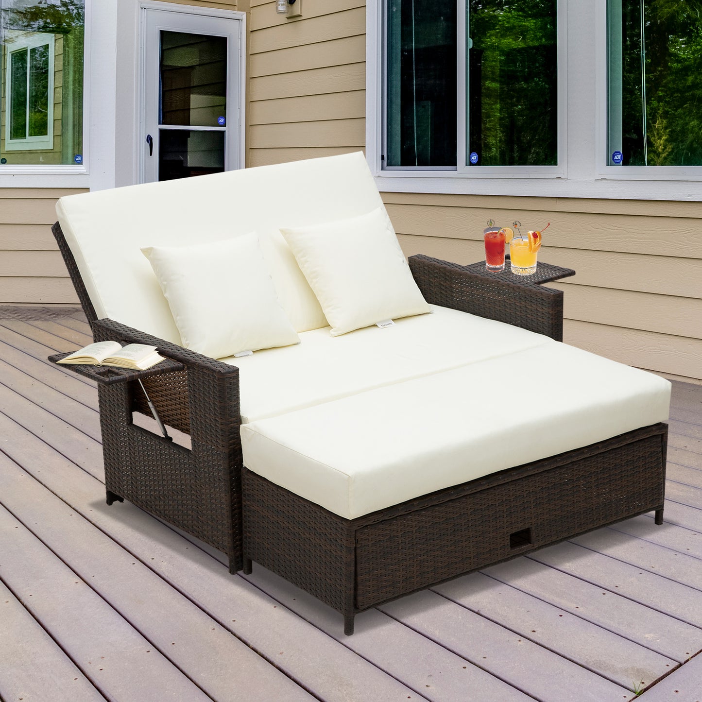 Verona Rattan Sun Lounger 2 Seater Day Bed with Cushions, Brown