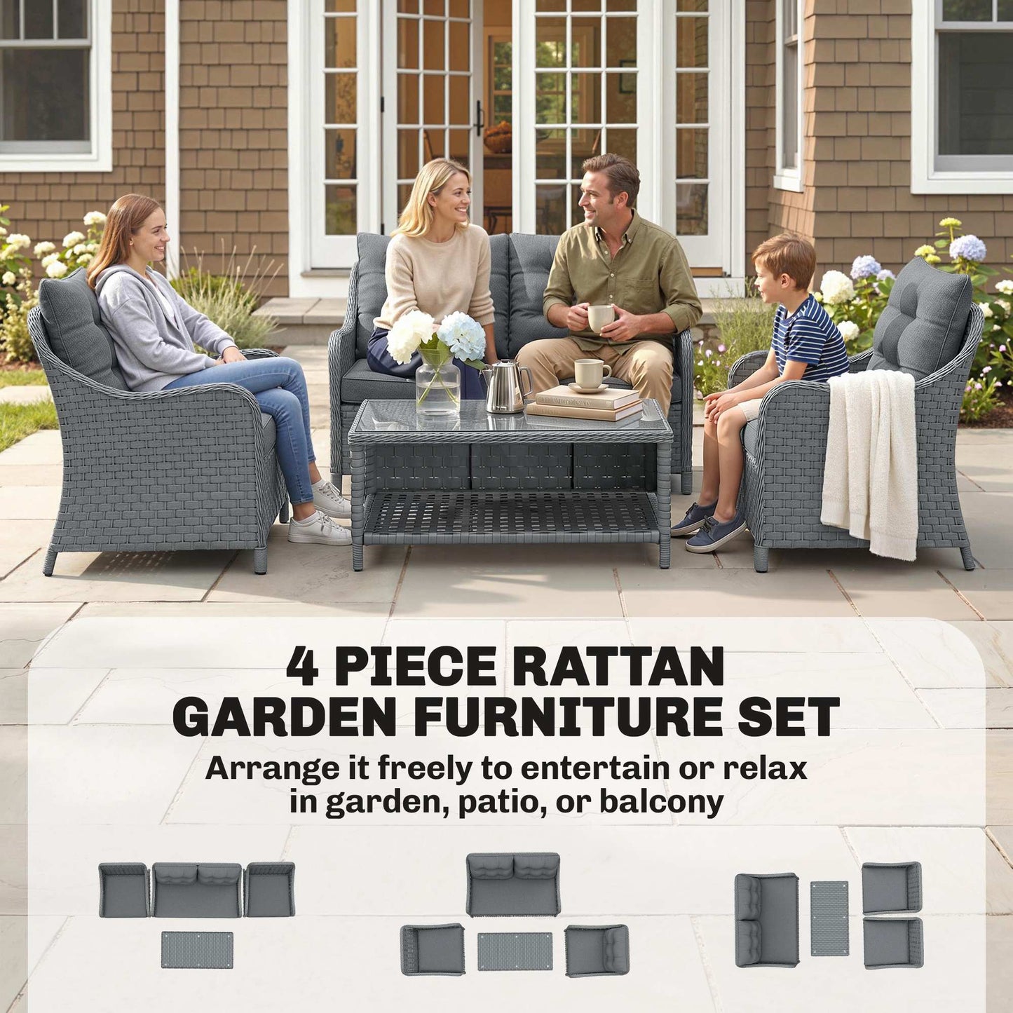 Outsunny 4-Piece Wicker Patio Furniture Set with 2 Armchairs, Loveseat, Glass Coffee Table, Conversation Sofa Set, Dark Grey
