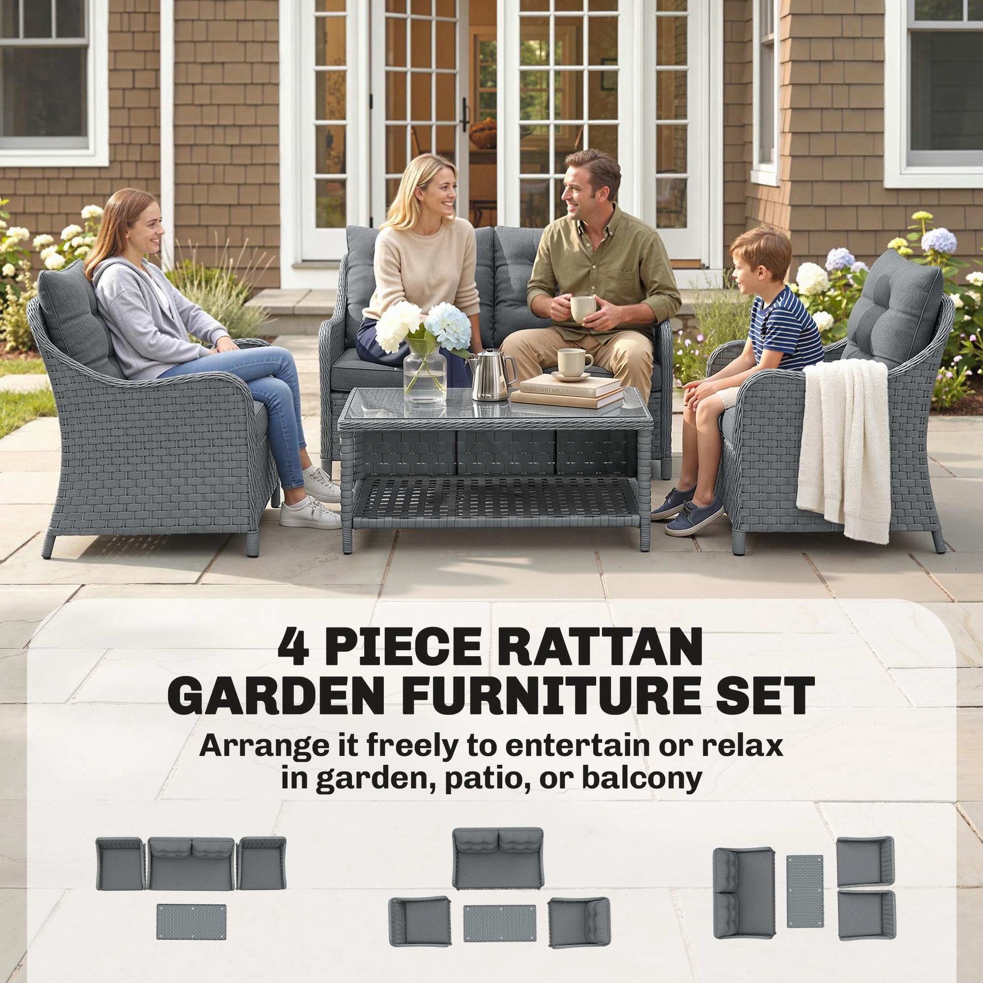 Outsunny 4-Piece Wicker Patio Furniture Set with 2 Armchairs, Loveseat, Glass Coffee Table, Conversation Sofa Set, Dark Grey