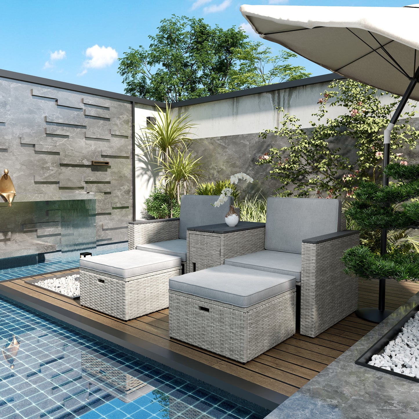 Verona 5 Piece Rattan Garden Furniture Set with Storage Table, Footstools, Cushions, Grey