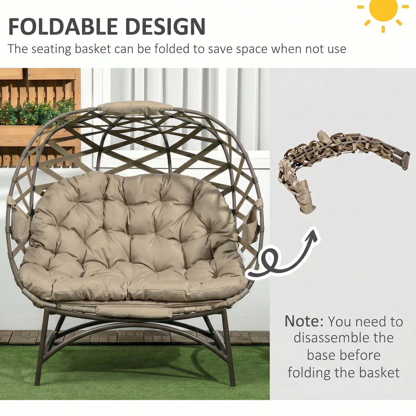Outsunny 2 Seater Egg Chair Outdoor, Folding Weave Garden Furniture Chair with Cushion, Cup Pockets - Khaki
