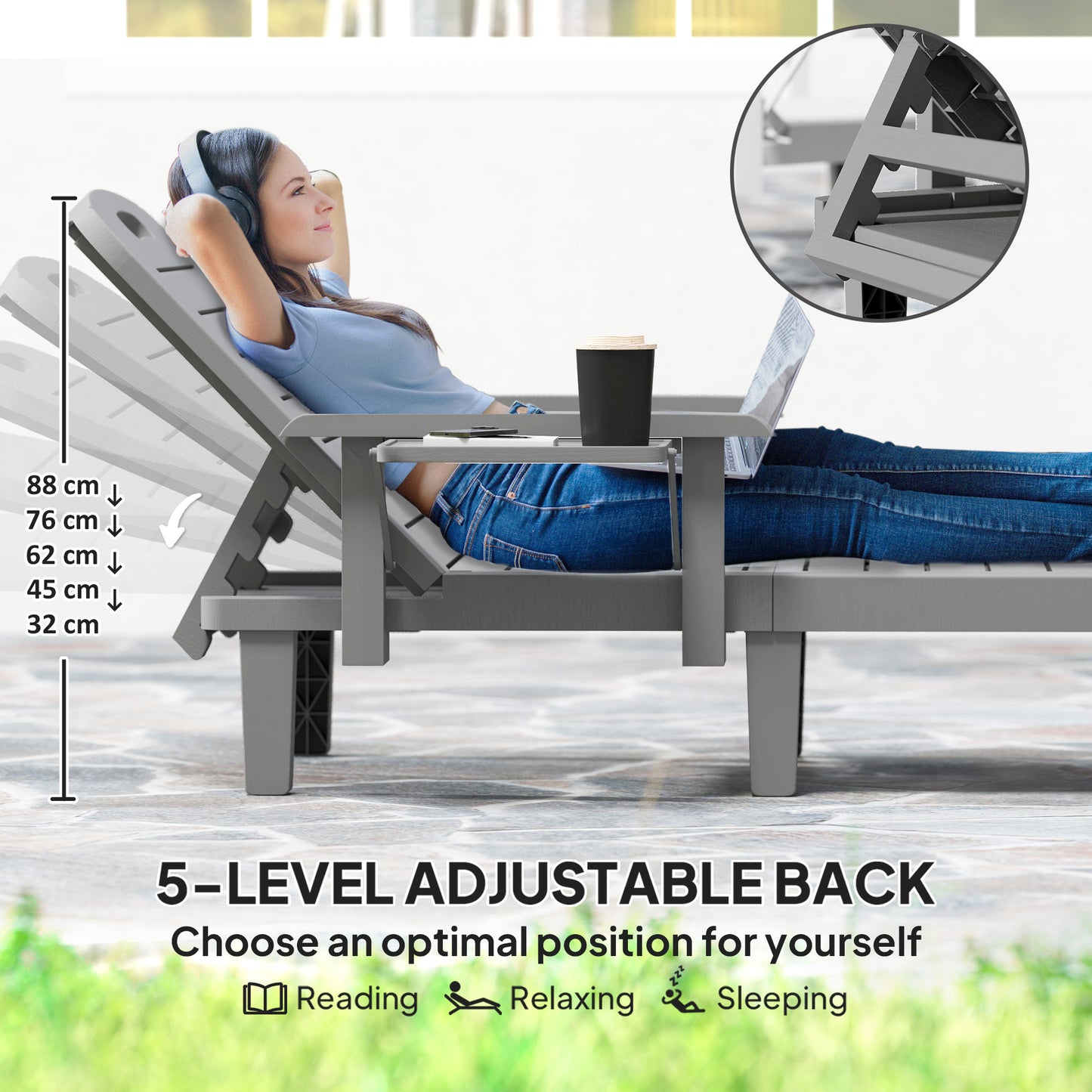 Outsunny Set of 2 Reclining Sun Loungers, 5 Positions Adjustable Outdoor Chaise Lounge Chair with Armrests, Dark Grey