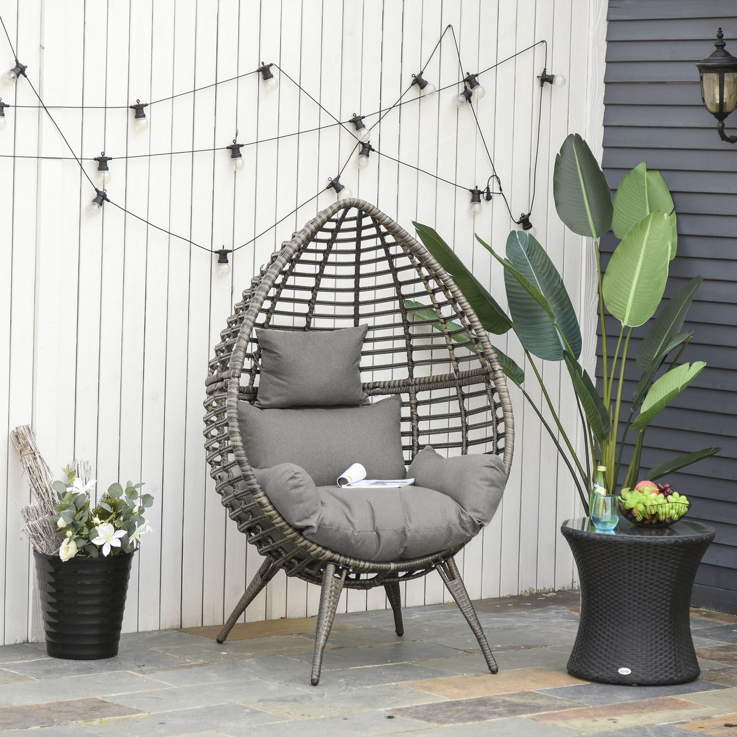Mediterraneo Teardop PE Wicker Rattan Chair w/ Thick Cushions 4 Legs Outdoor Seat Egg Garden