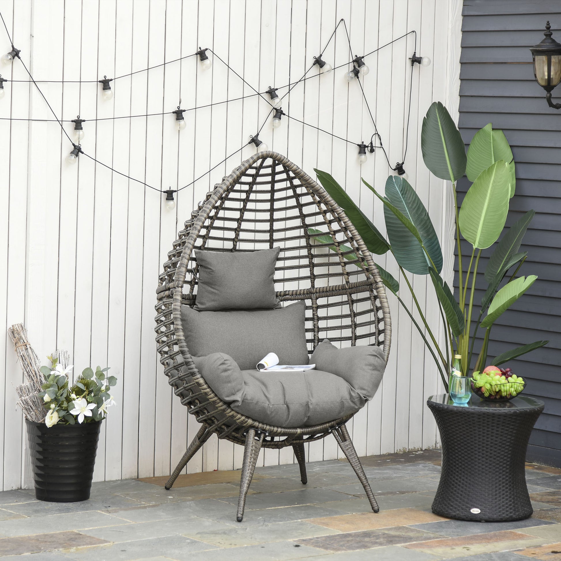 Mediterraneo Teardop PE Wicker Rattan Chair w/ Thick Cushions 4 Legs Outdoor Seat Egg Garden