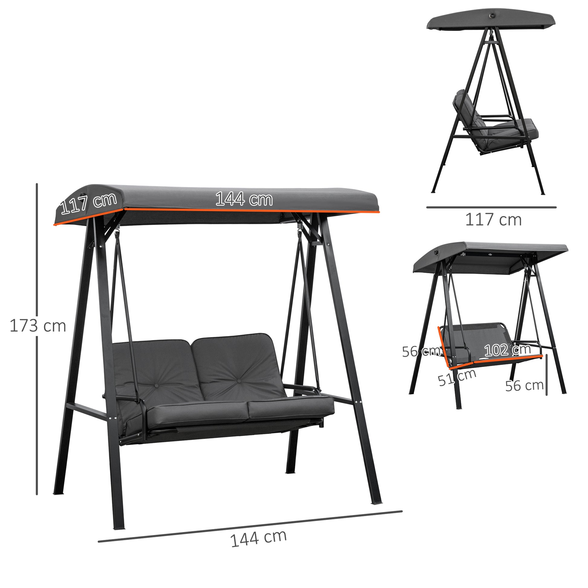 Outsunny 2 Seater Garden Swing Chair with Adjustable Tilting Canopy, Outdoor Hammock Bench with Steel Frame for Patio, 144 x 117 x 173 cm, Grey