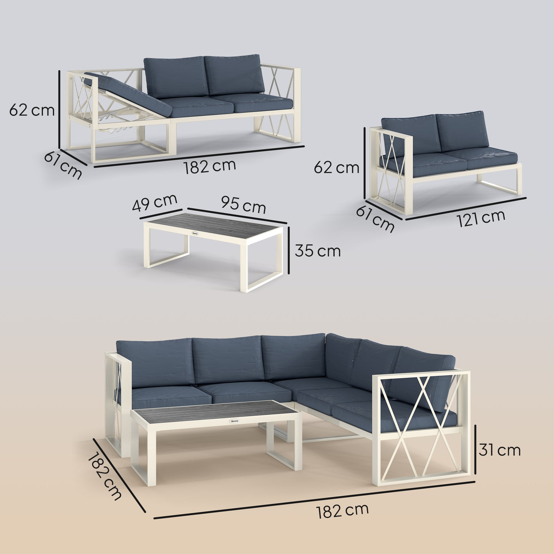 Outsunny Four-Piece L Shaped Garden Furniture Set with 5-Level Adjustable Lounger - Grey