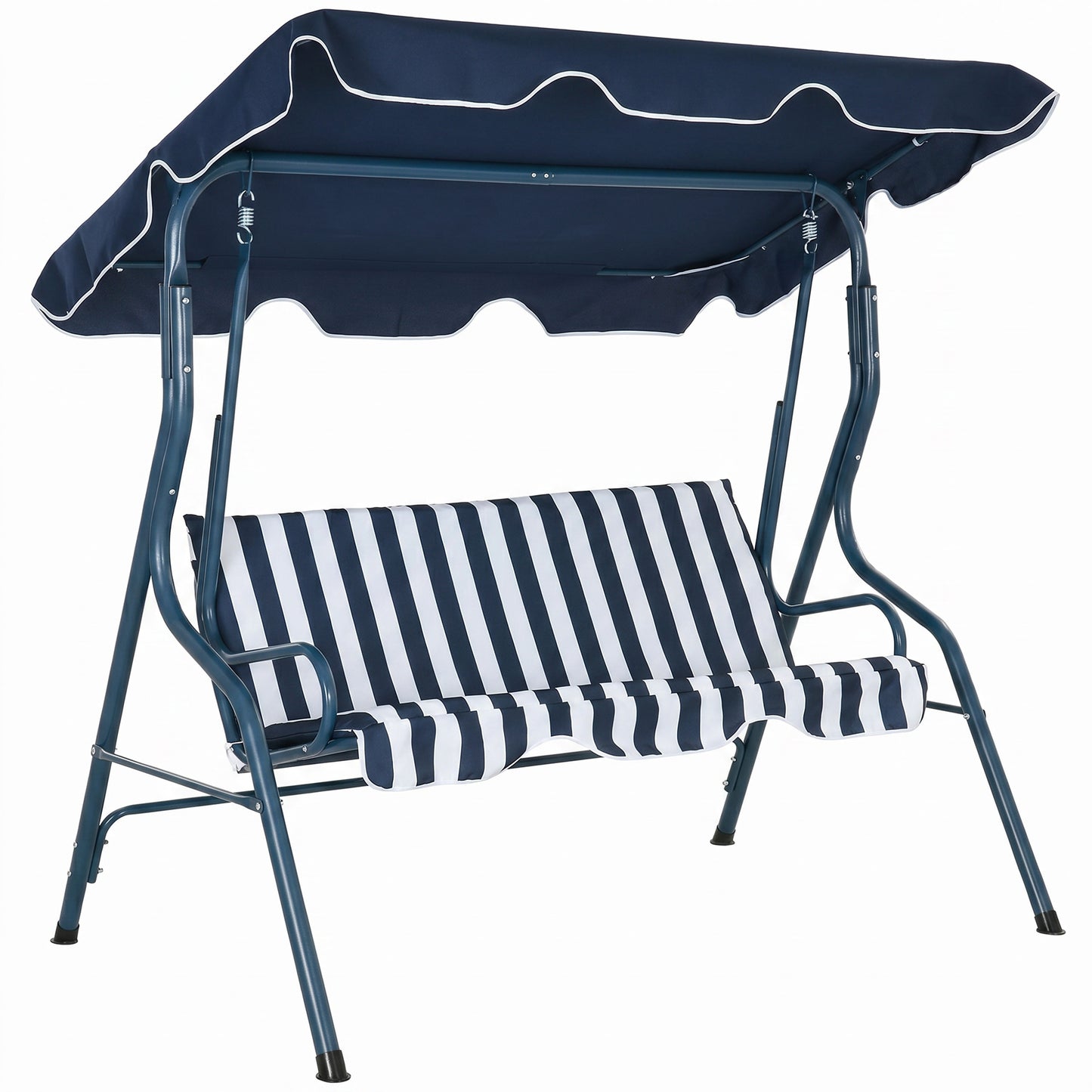Outsunny 3 Seater Garden Swing Seat Chair Outdoor Bench with Adjustable Canopy and Metal Frame, Blue Stripes