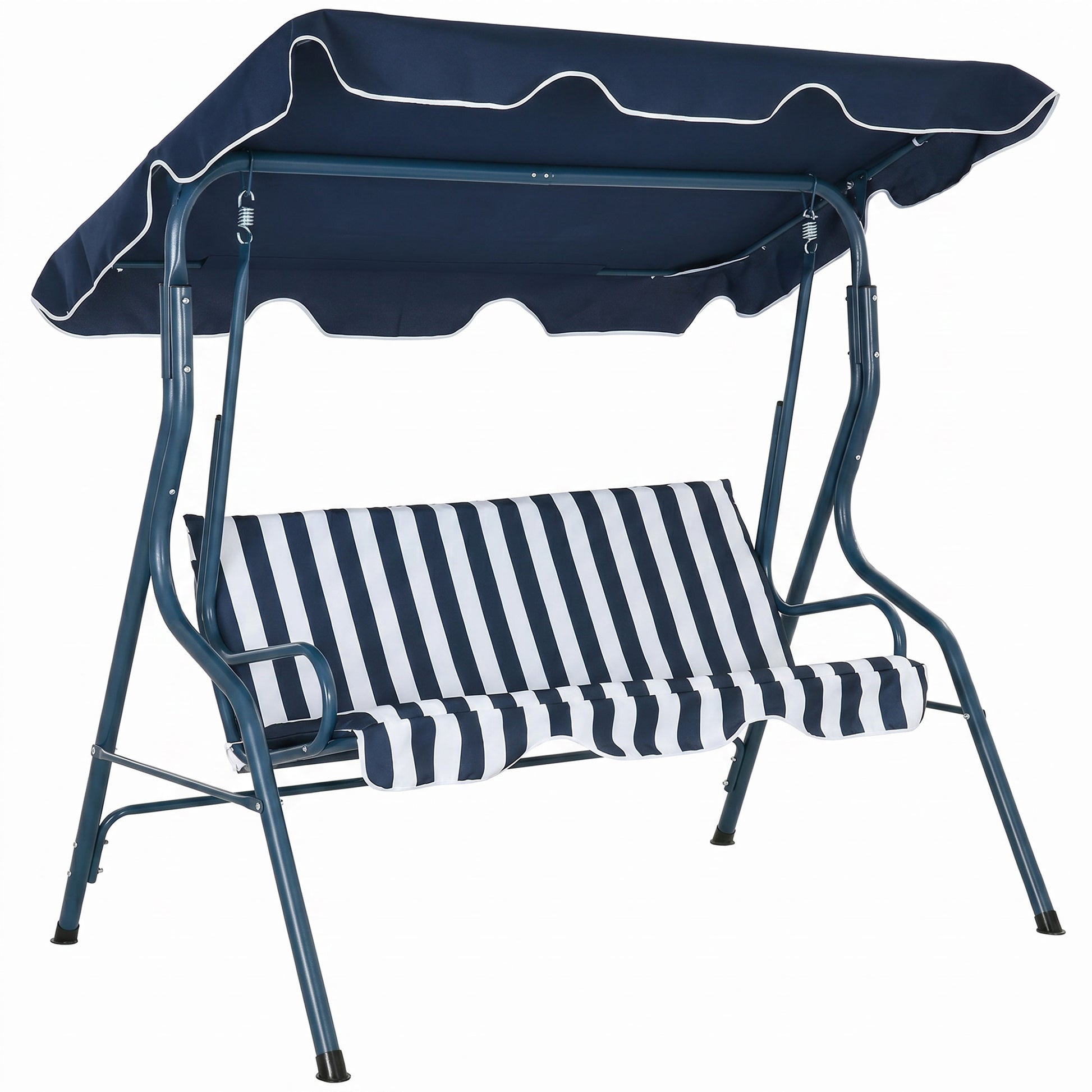Outsunny 3 Seater Garden Swing Seat Chair Outdoor Bench with Adjustable Canopy and Metal Frame, Blue Stripes