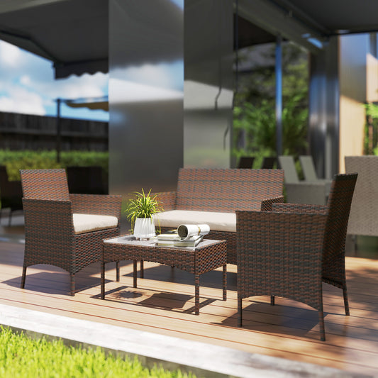 Amalfi 4 Piece Rattan Garden Furniture Sofa Set with Loveseat, Armchairs, Glass-Top Coffee Table and Cushions