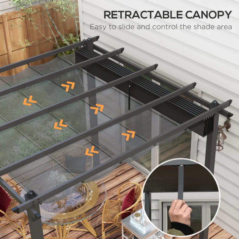 3m x 3m Aluminium Pergola – Dark Grey Retractable PU Canopy Roof with Drainage Grommets, Outdoor Patio Shade Shelter