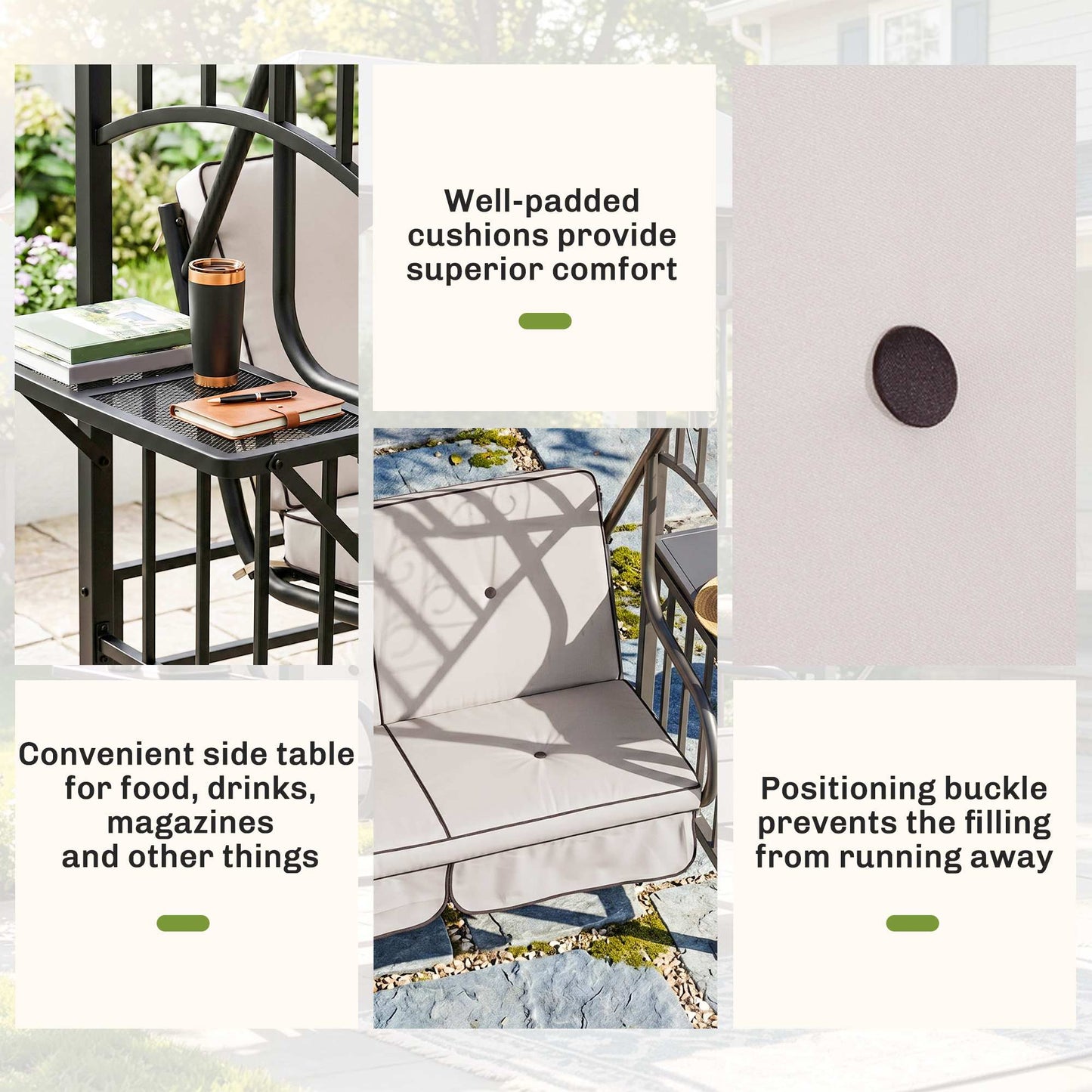 Outsunny Outdoor Garden 2 Seater Canopy Swing Chair Seat Porch Loveseat Vintage Hammock Cushioned Seat w/ Steel Frame and Side Drink Panel, Beige