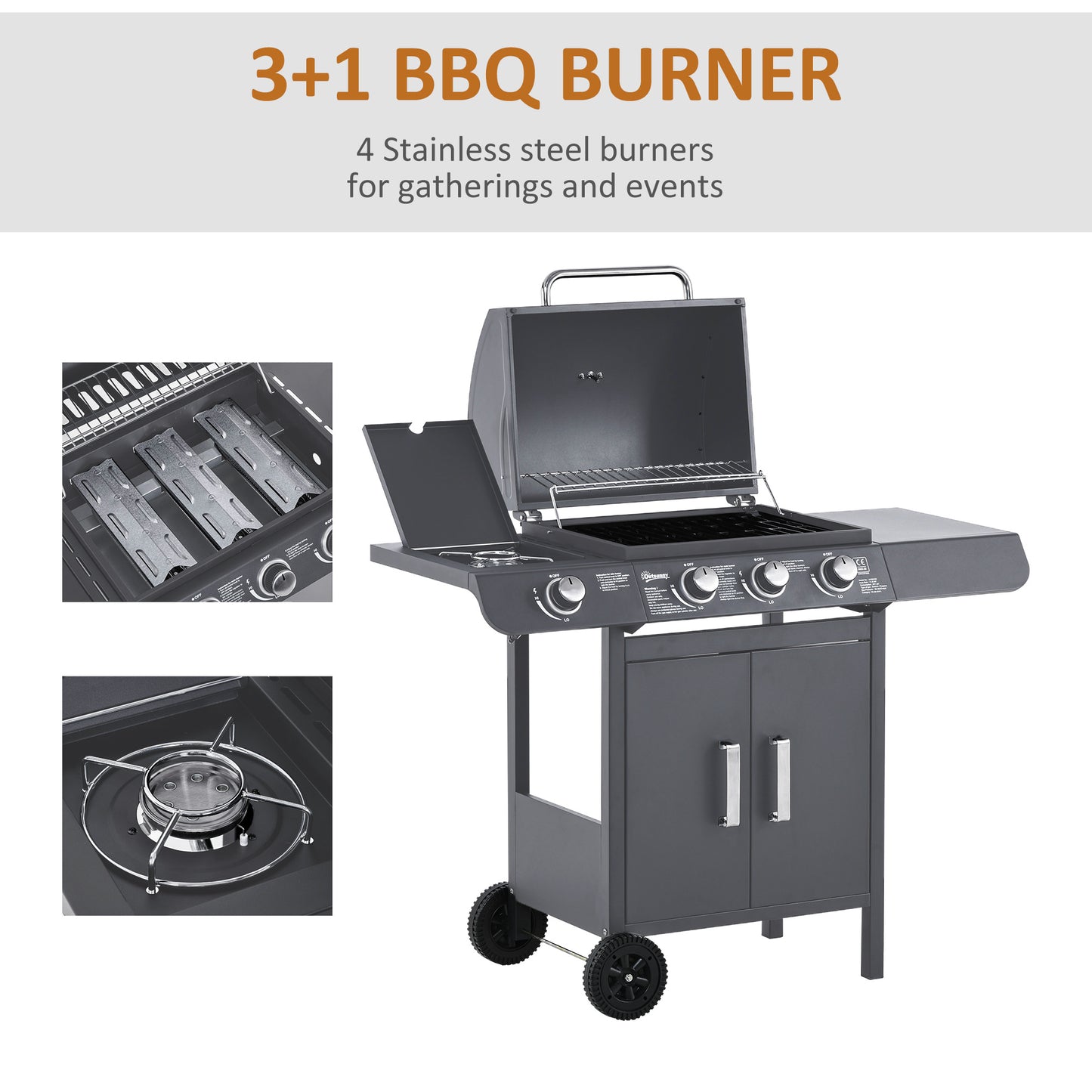 Outsunny 3+1 Burner Gas BBQ Grill, Outdoor Barbecue Trolley with Wheels, Warming Rack, Side Shelves, Cabinet, Thermometer for Garden, Party, Camping, 110L x 50W x 100Hcm, Grey