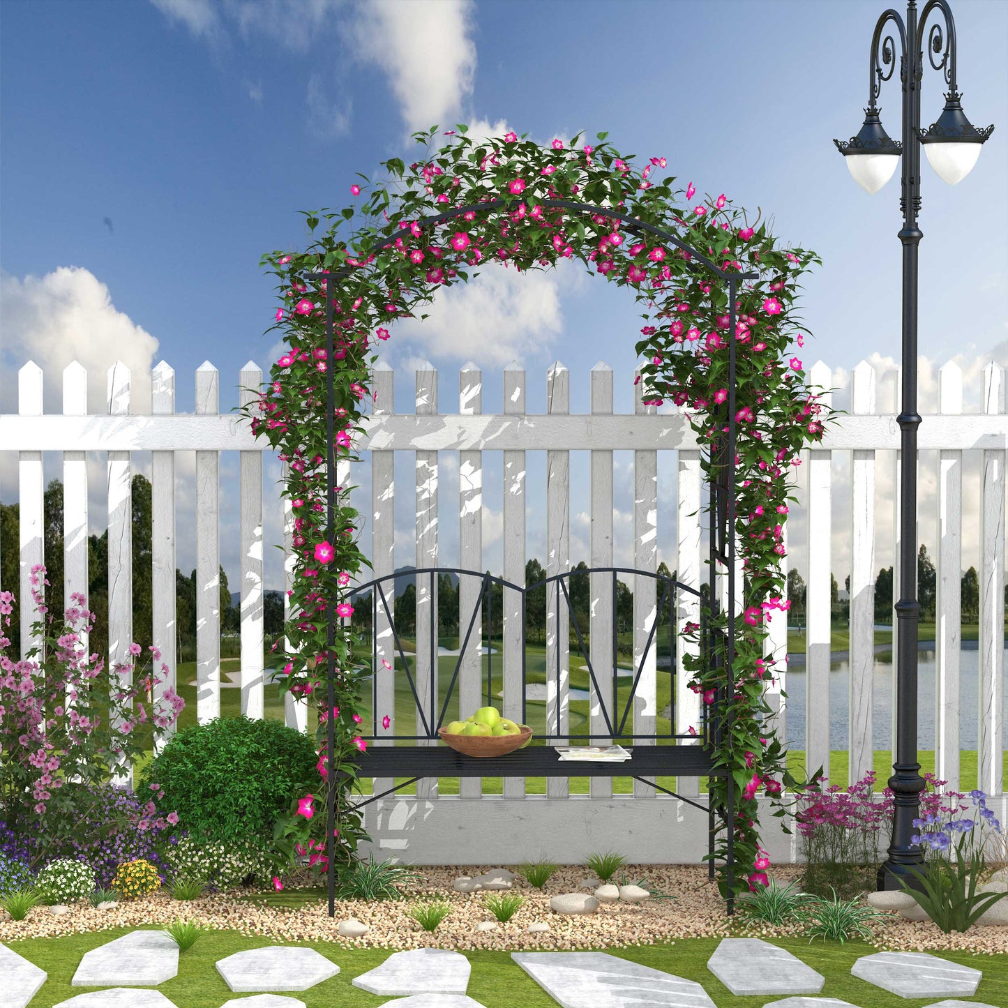 Monaco Garden Bench, 2 Seater Garden Bench, Metal Garden Loveseat with Arch for Vines and Climbing Plants, Black