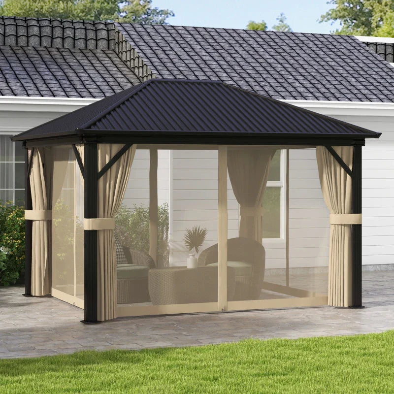 Brown 3.6m x 3m Aluminium Hardtop Gazebo - Durable Garden Shelter with Privacy Curtains