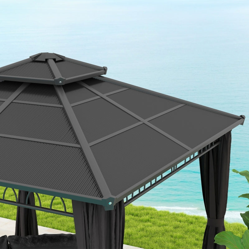 3m x 3m Dark Grey Hardtop Garden Gazebo with Polycarbonate Double Roof, Steel Frame, Privacy Curtains & Insect Netting Outdoor Pavilion