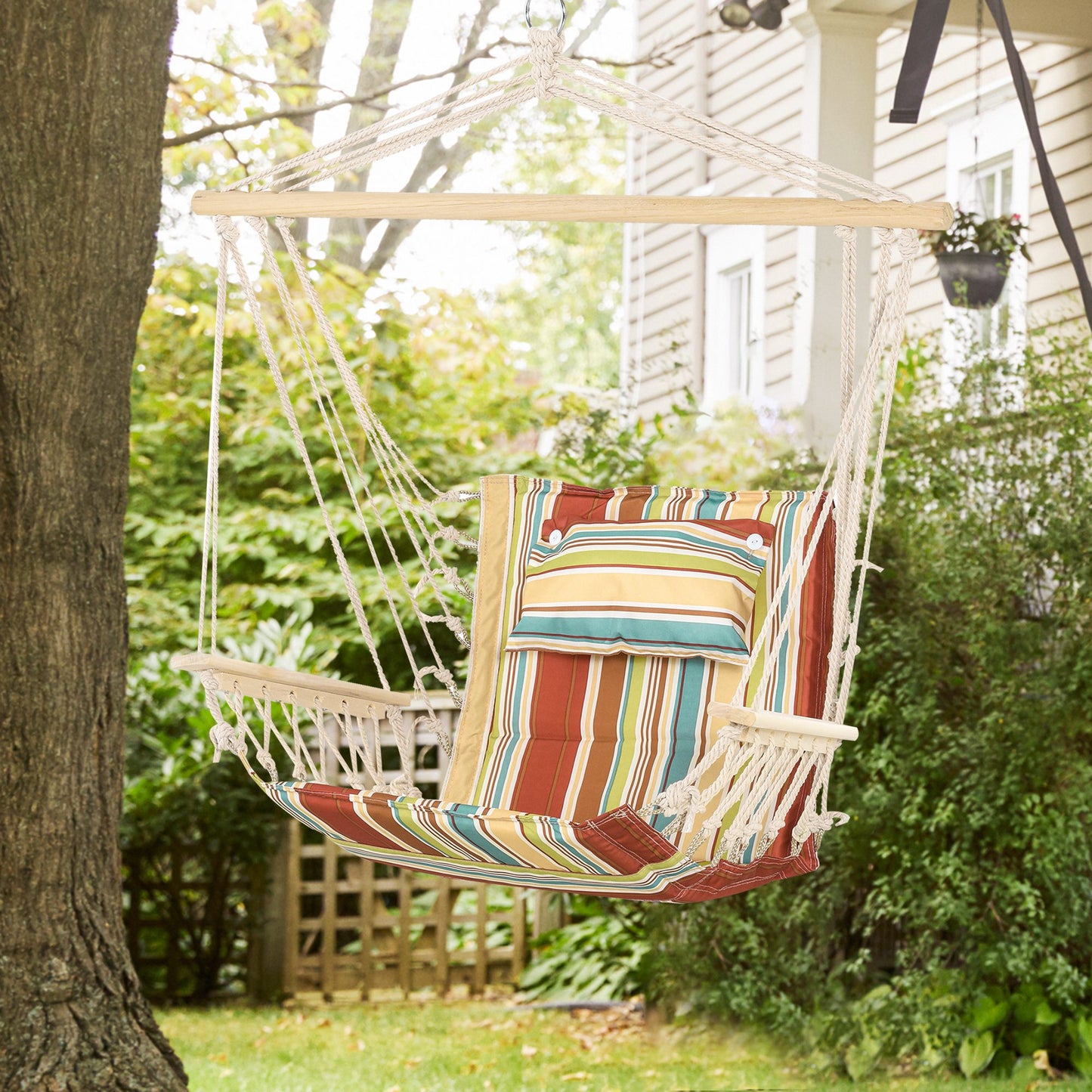 Garden Outdoor Hanging Hammock Chair Thick Rope Frame Wooden Arms Safe Wide Seat Garden Outdoor Spot Stylish Multi-Color Stripe