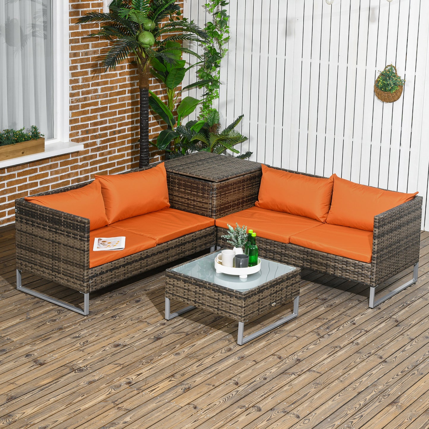 Amalfi 4 Piece Rattan Garden Furniture Set, Outdoor Corner Sofa Set with Storage Table, Loveseats