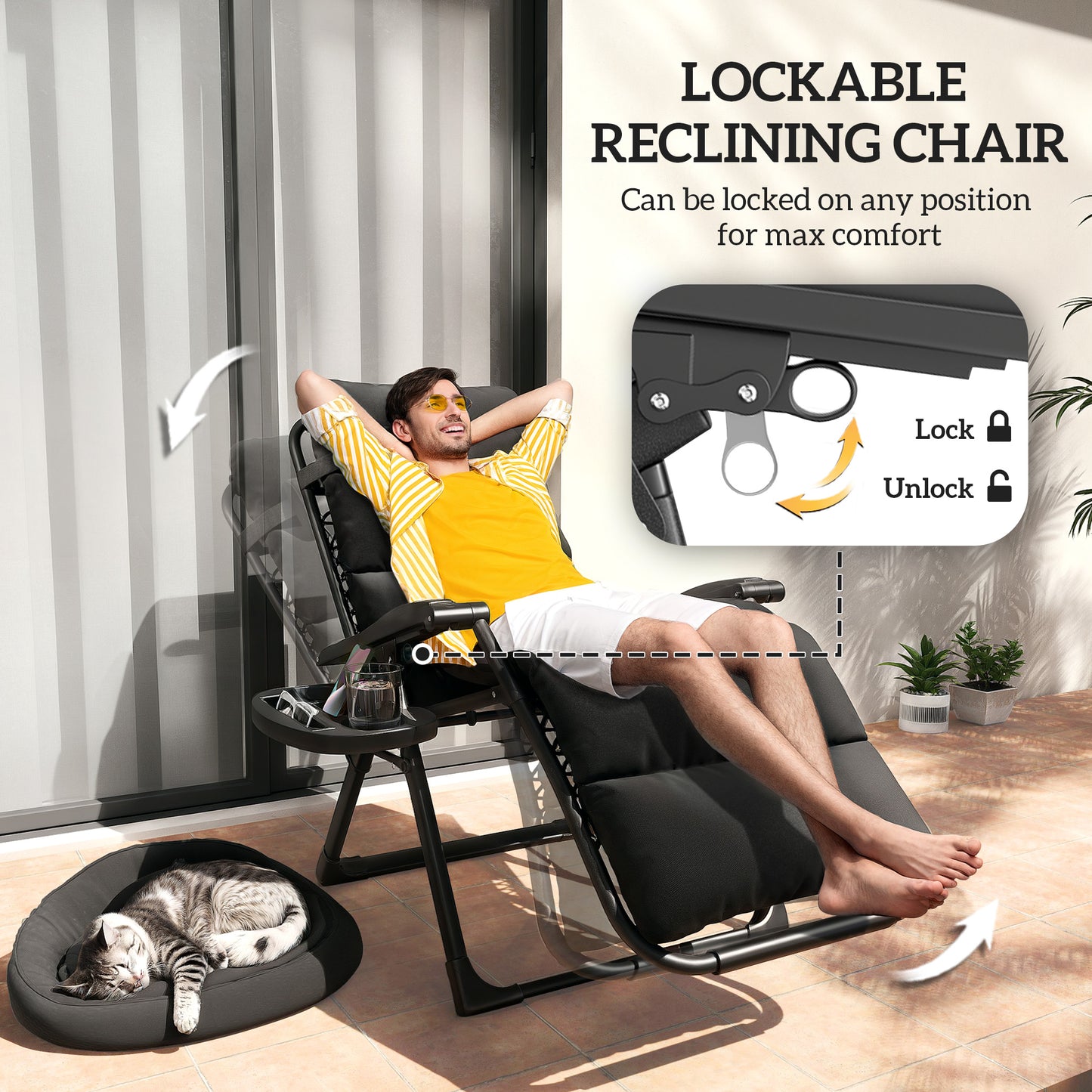 Outsunny Set of Two Reclining Sun Loungers, with Cushion - Black