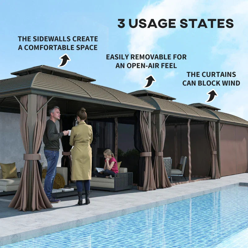3.65m x 3m Coffee Hardtop Garden Gazebo with Steel Roof, Aluminium Frame, Double – Tier Canopy, Curtains & Mesh Sidewalls – Luxury Outdoor Pavilion...