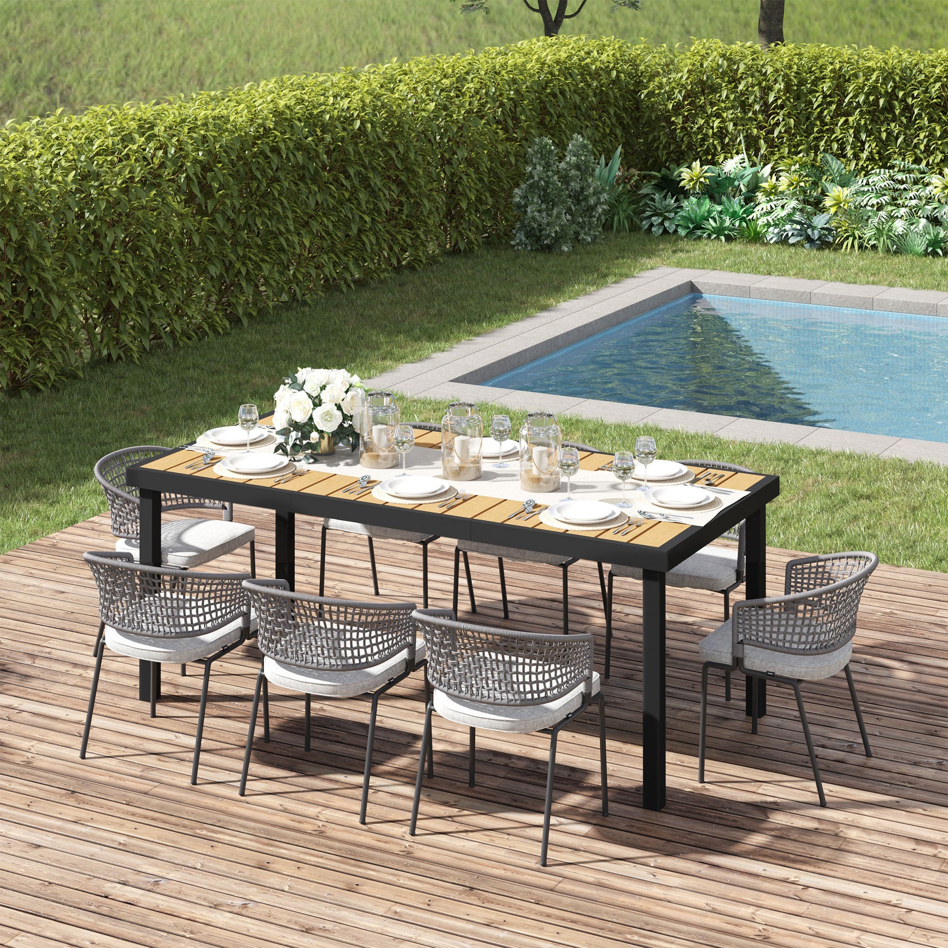 Marbella Aluminium Garden Dining Table for 8 People, Faux Wood Top, for Garden, Patio, 190 x 90 x 74 cm, Natural