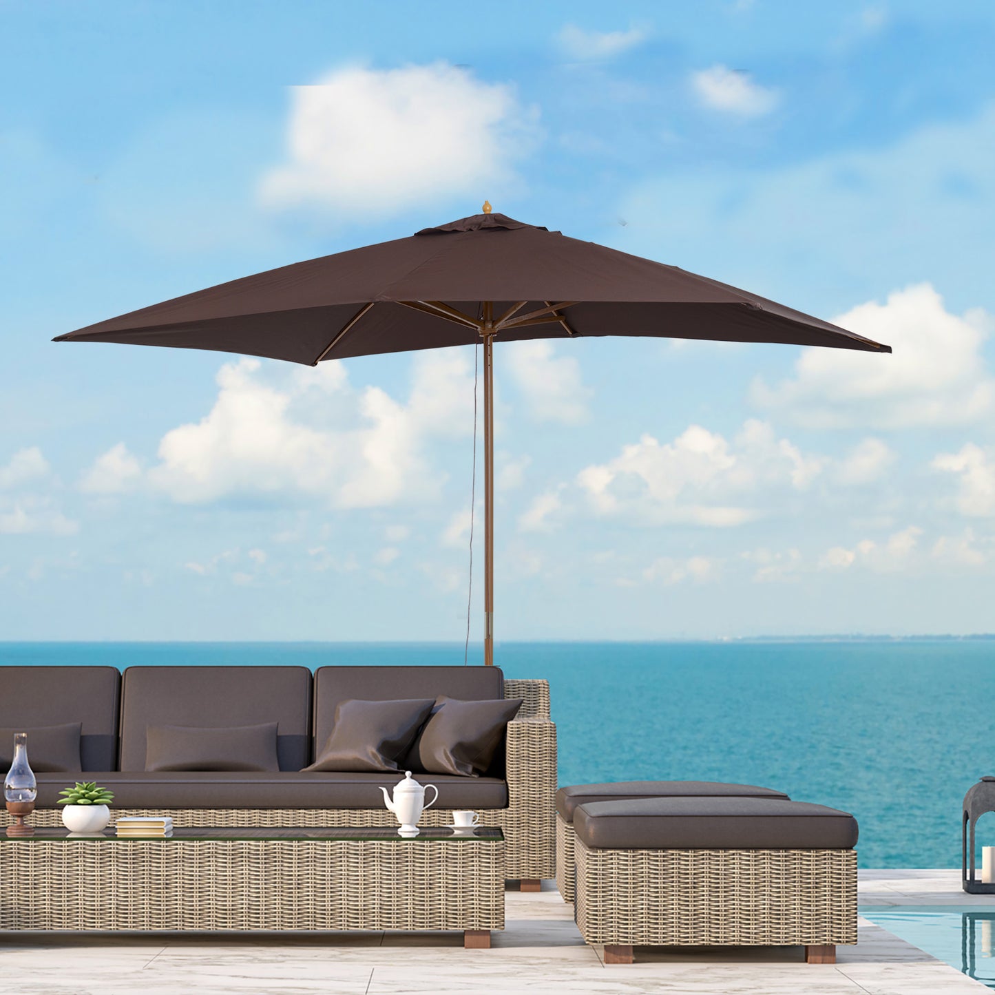 2 x 3m Wooden Garden Parasol Umbrella Outdoor Sun Shade Canopy, Dark Coffee