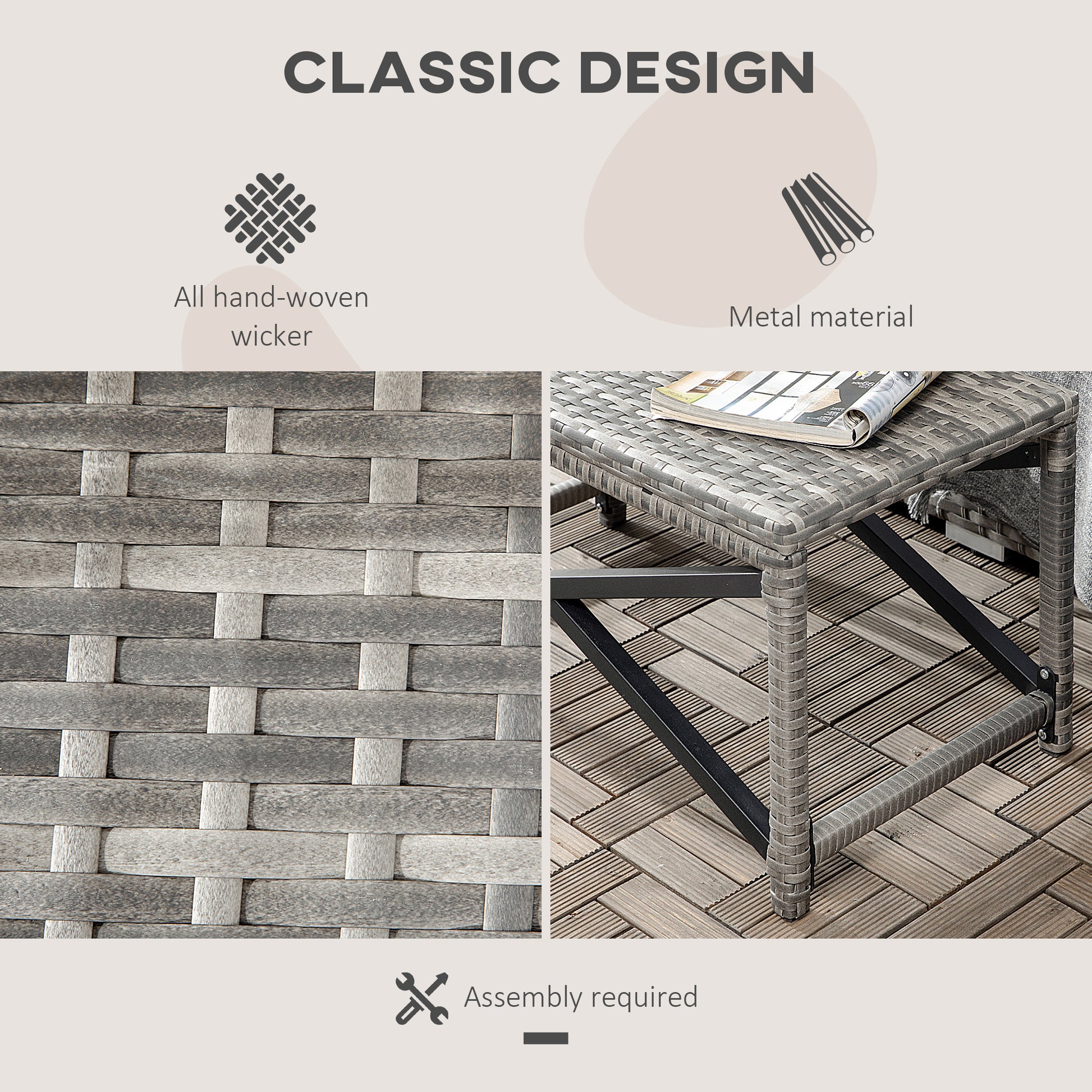 Outsunny Outdoor Coffee Table, Garden PE Rattan Side Table with Plastic Board Under the Full Woven Table Top and X-Shaped Frame for Patio, Balcony, Mixed Grey