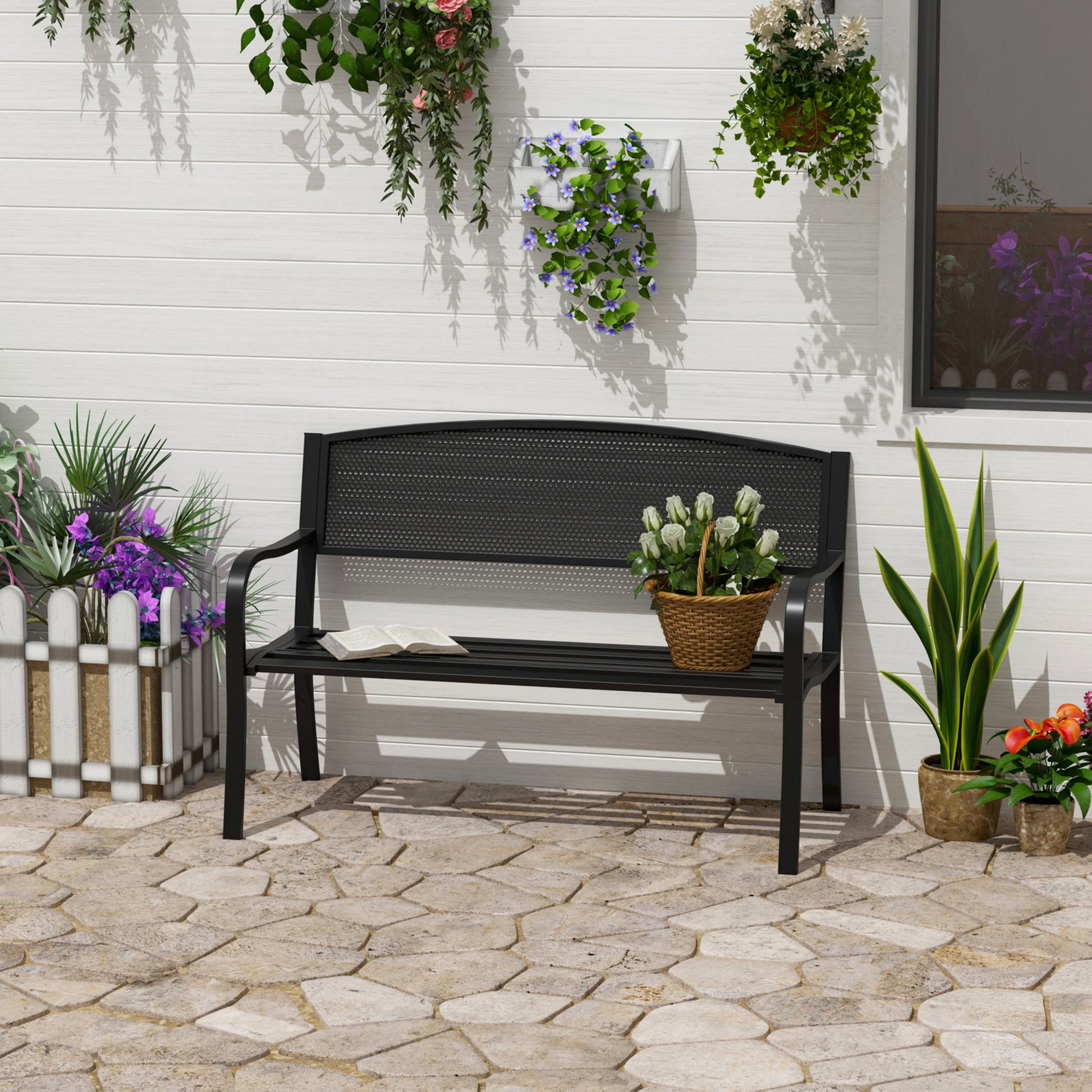 Mediterraneo Garden Bench Furniture Patio Park 2 Person Chair Seat Steel Black 120cm Outdoor