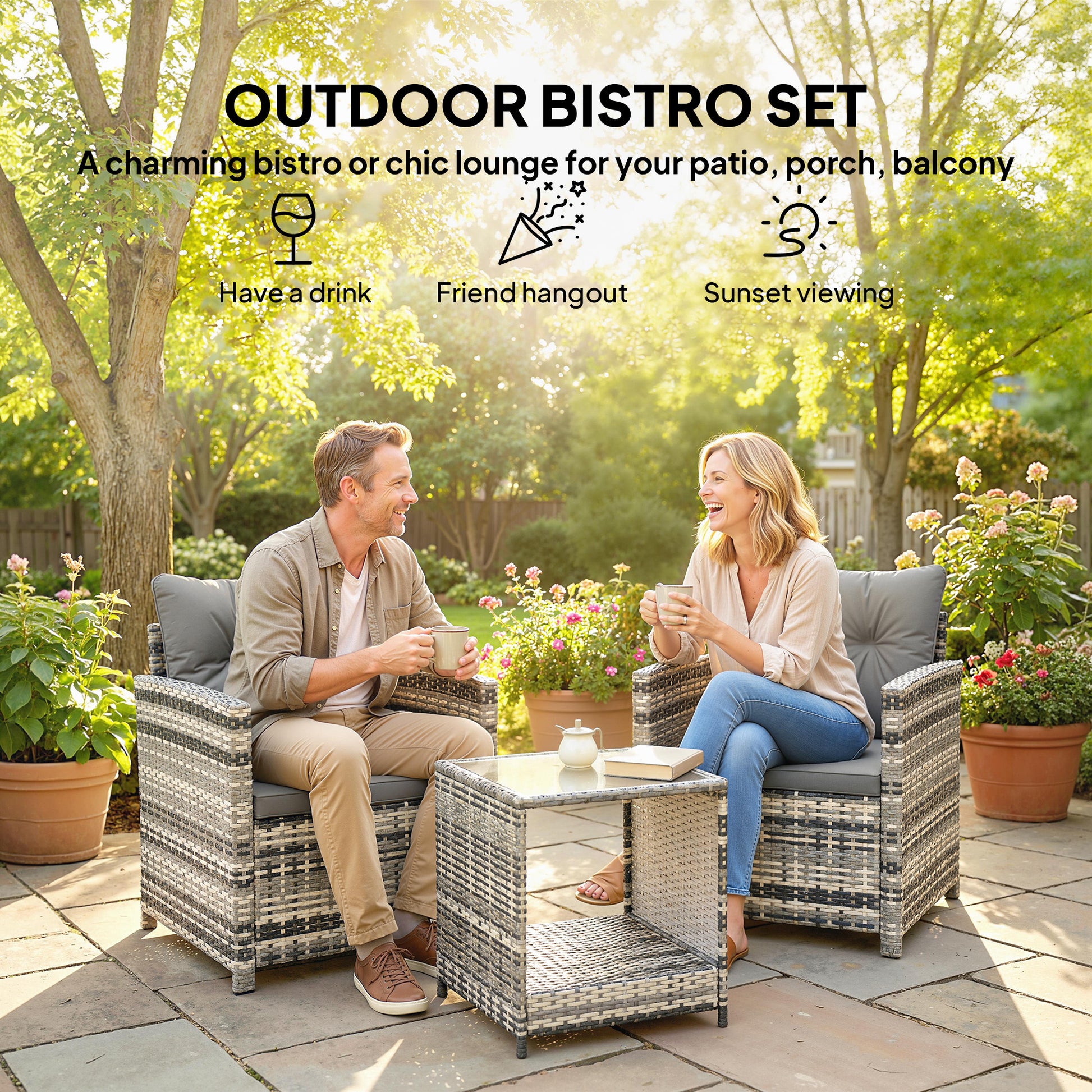Outsunny Rattan Bistro Set, 3 Piece Garden Furniture Set with 2 Tier Glass Top Table and Cushions, Mixed Grey