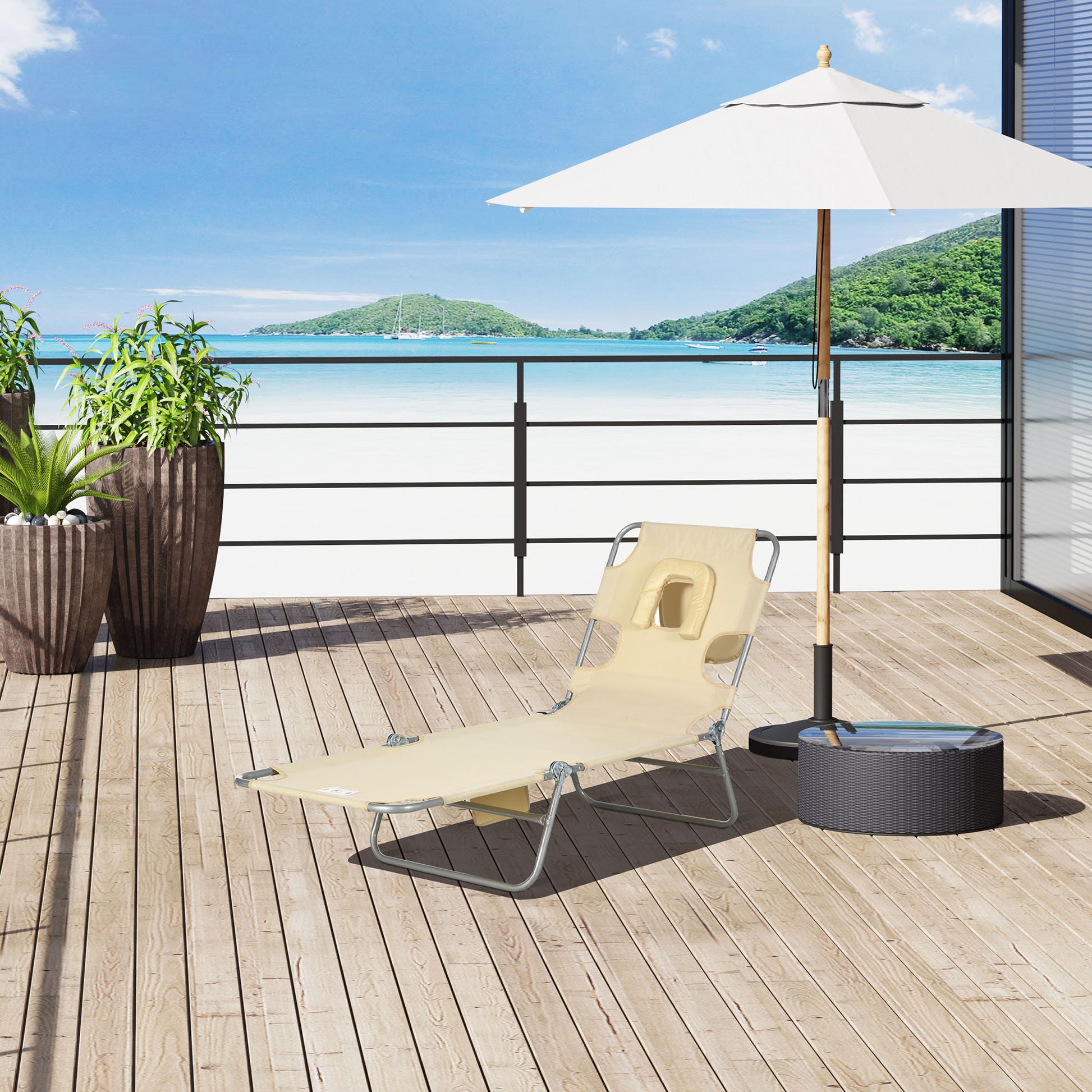 Foldable Sun Lounger, Beach Chaise Lounge with Reading Hole, Arm Slots, 5-Position Adjustable Backrest, Side Pocket, Pillow for Garden, Beach,