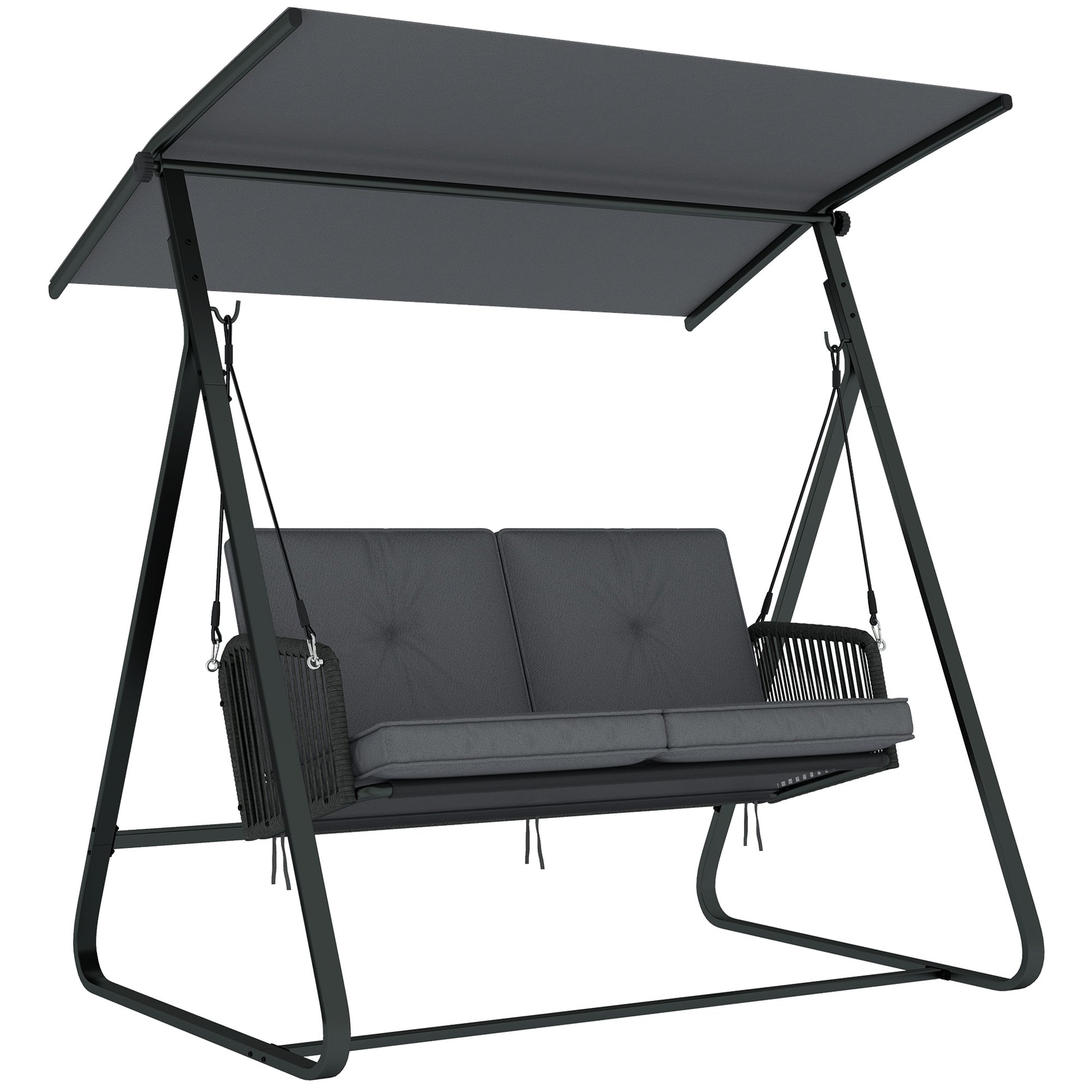Outsunny 2-Seater Rattan Swing Chair, Outdoor Garden Hanging Swing Seat with Stand, Adjustable Canopy and Soft Cushions