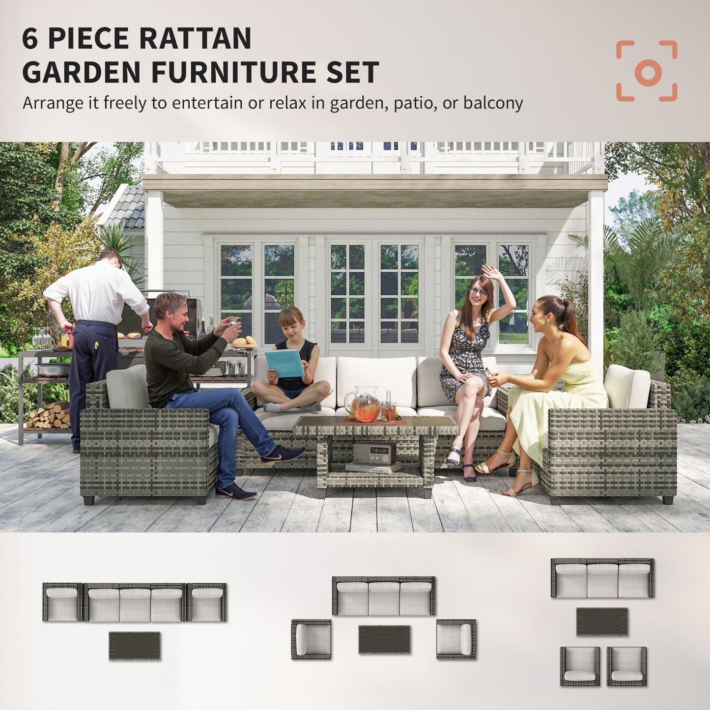 Outsunny Six-Piece Modular Rattan Sofa Set 5-Seater Garden Furniture Set with Two-tier Table - Light Grey