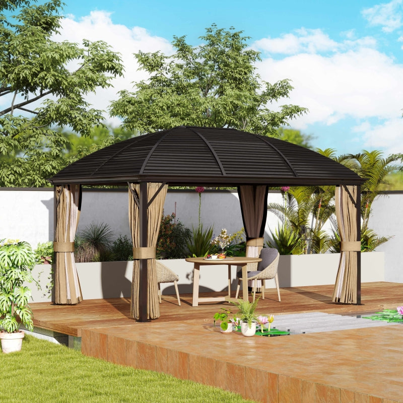 3m x 4m Brown Hardtop Garden Gazebo with Aluminium Frame, Steel Roof, Privacy Curtains & Mosquito Netting – Premium Outdoor Pavilion Shelter