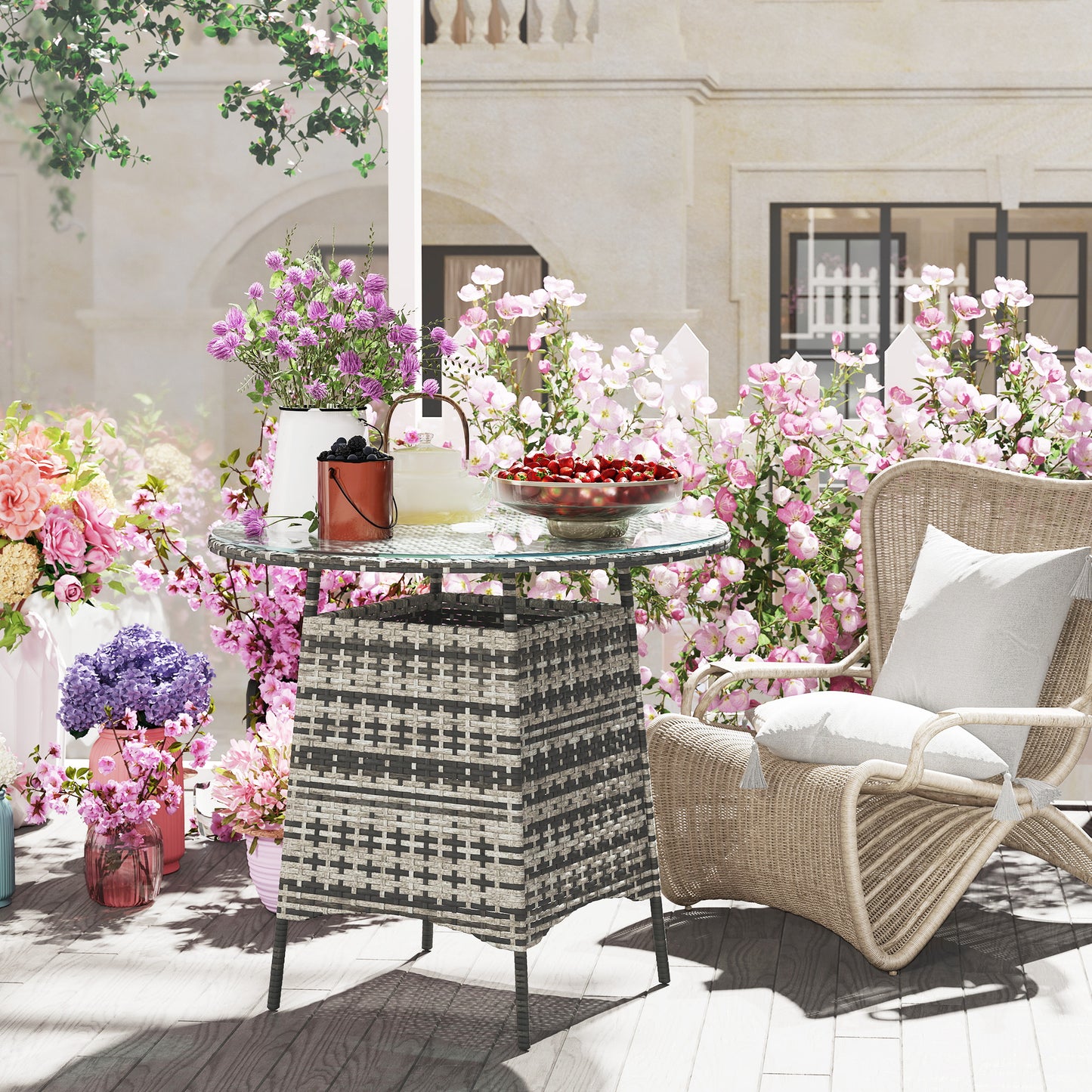 Outsunny Wicker Garden Rattan Table, Patio Furniture Outdoor Coffee Table with Umbrella Hole and Tempered Glass Top, Grey