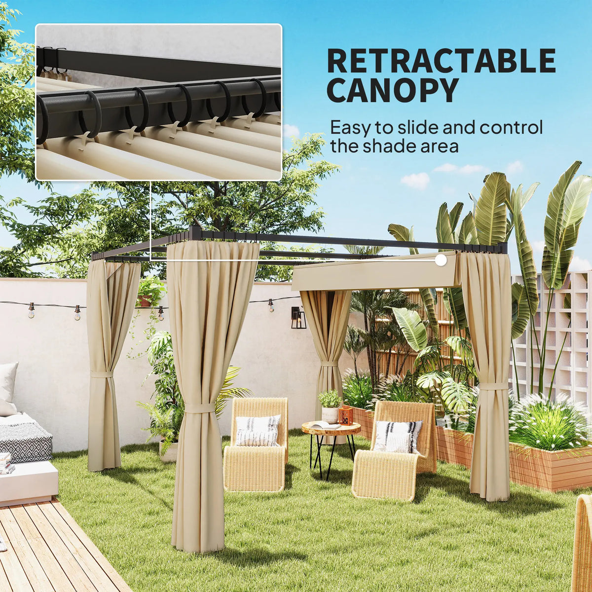 3m x 3m Retractable Metal Pergola with Curtains – Outdoor Patio & Deck Shelter, Adjustable Canopy Shade for BBQ & Grill Area, Beige