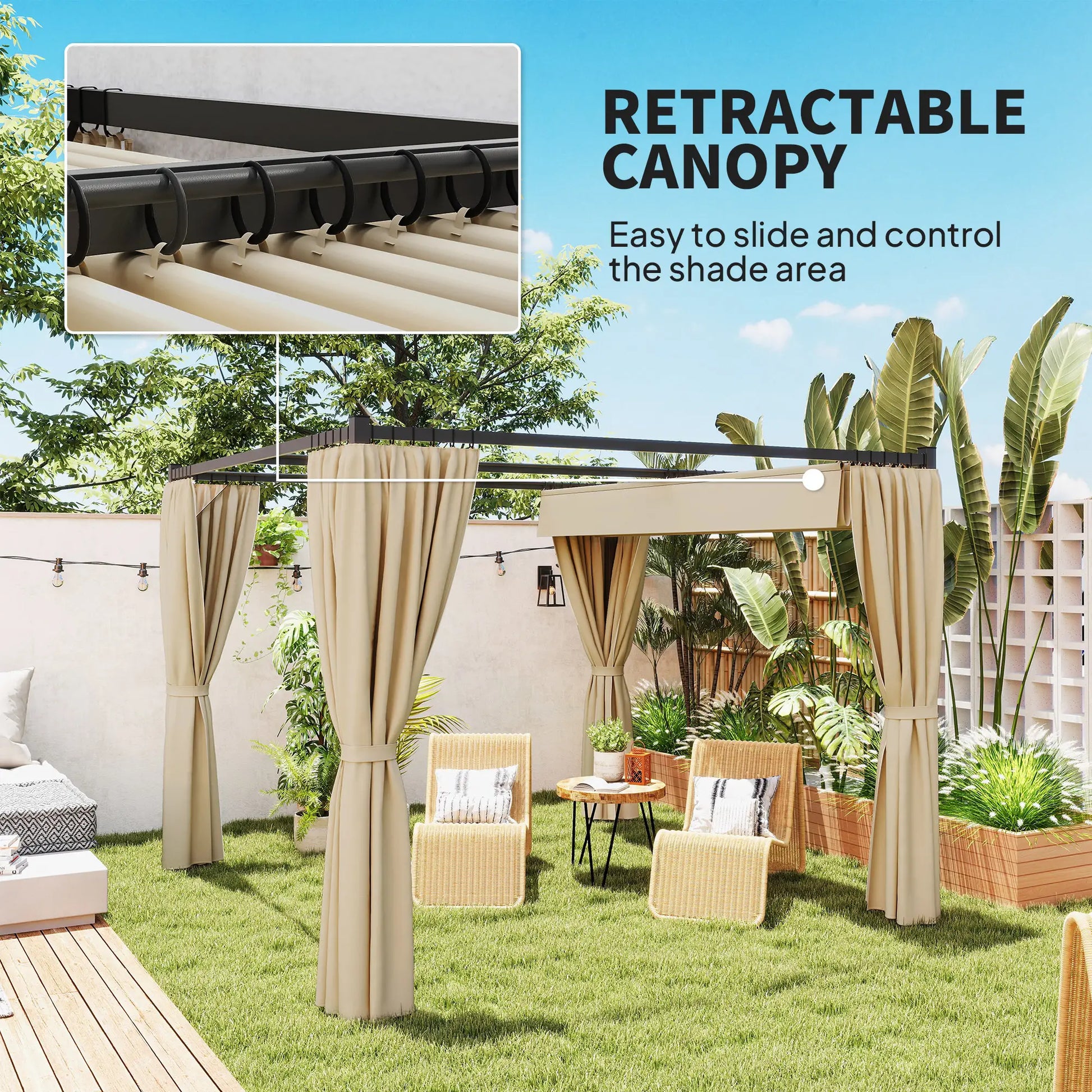 3m x 3m Retractable Metal Pergola with Curtains – Outdoor Patio & Deck Shelter, Adjustable Canopy Shade for BBQ & Grill Area, Beige